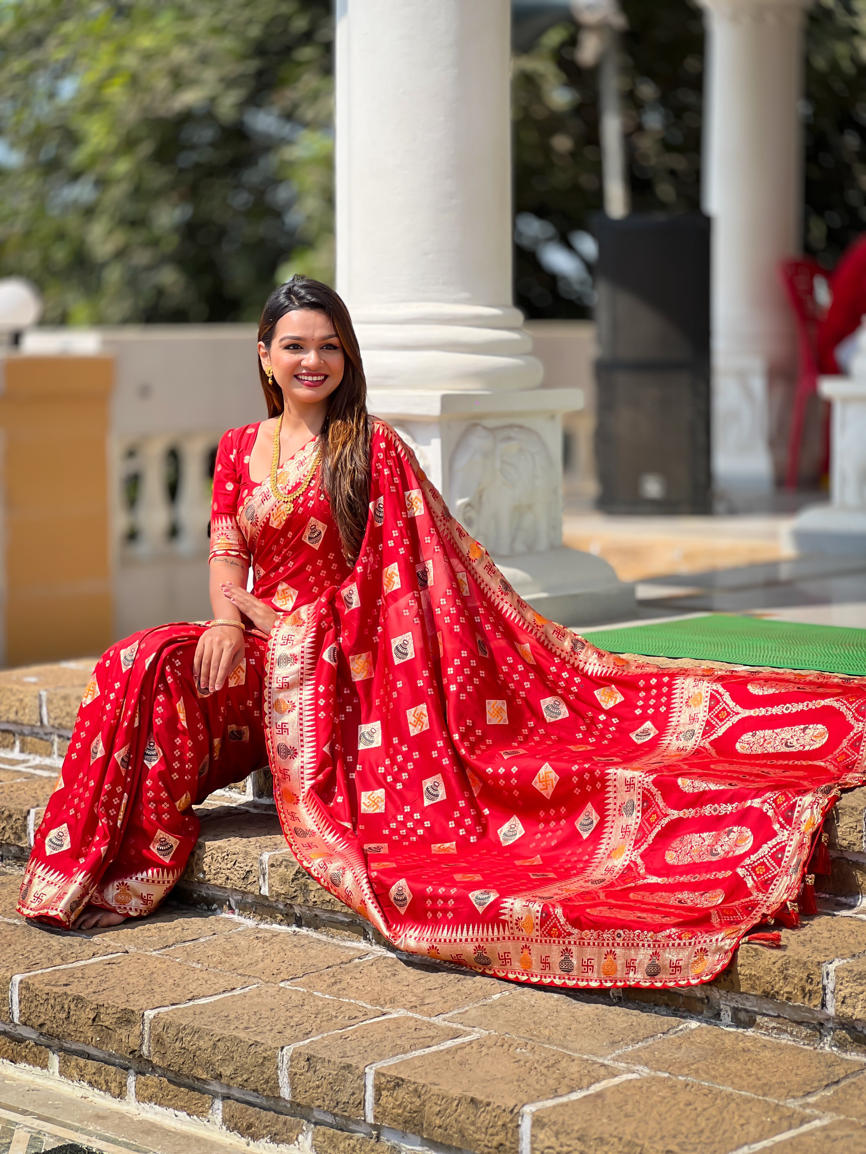 Red Swastik Dolla Silk Saree Heavy Meenakari Kalash Design