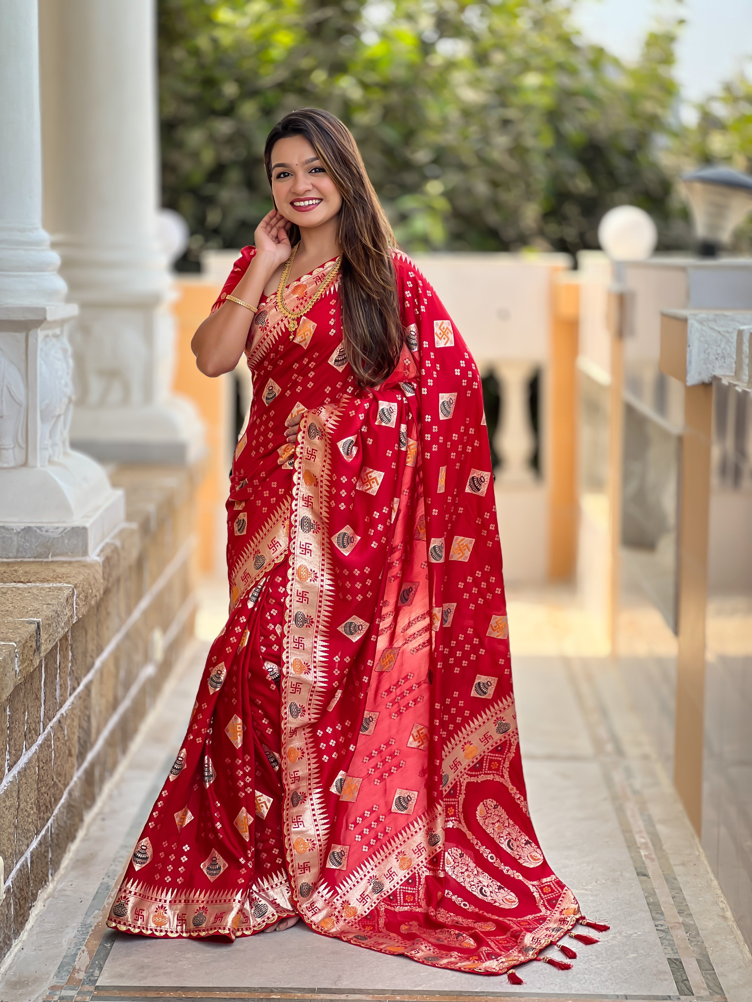 Red Swastik Dolla Silk Saree Heavy Meenakari Kalash Design