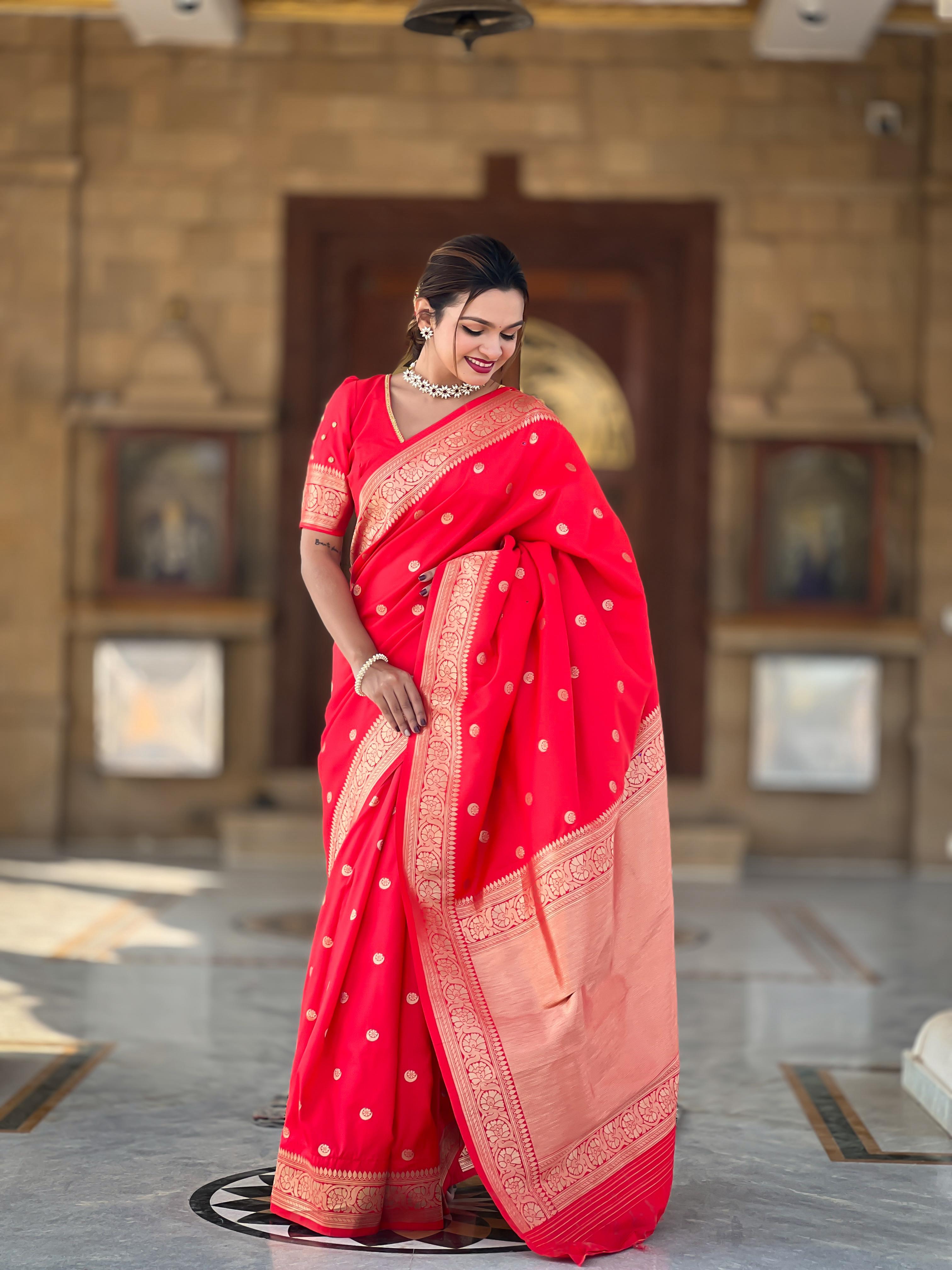 Red Woven Design Soft Silk Saree with Golden Zari Work