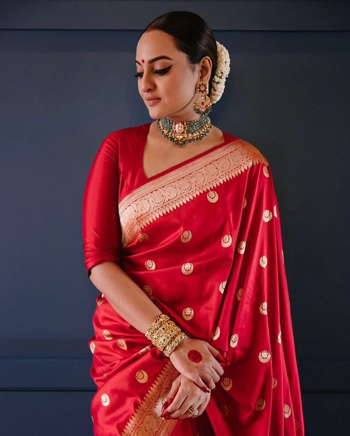 Red Woven Design Soft Silk Saree with Golden Zari Work