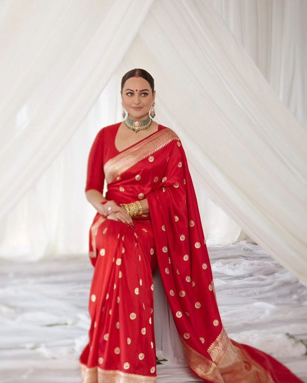 Red Woven Design Soft Silk Saree with Golden Zari Work