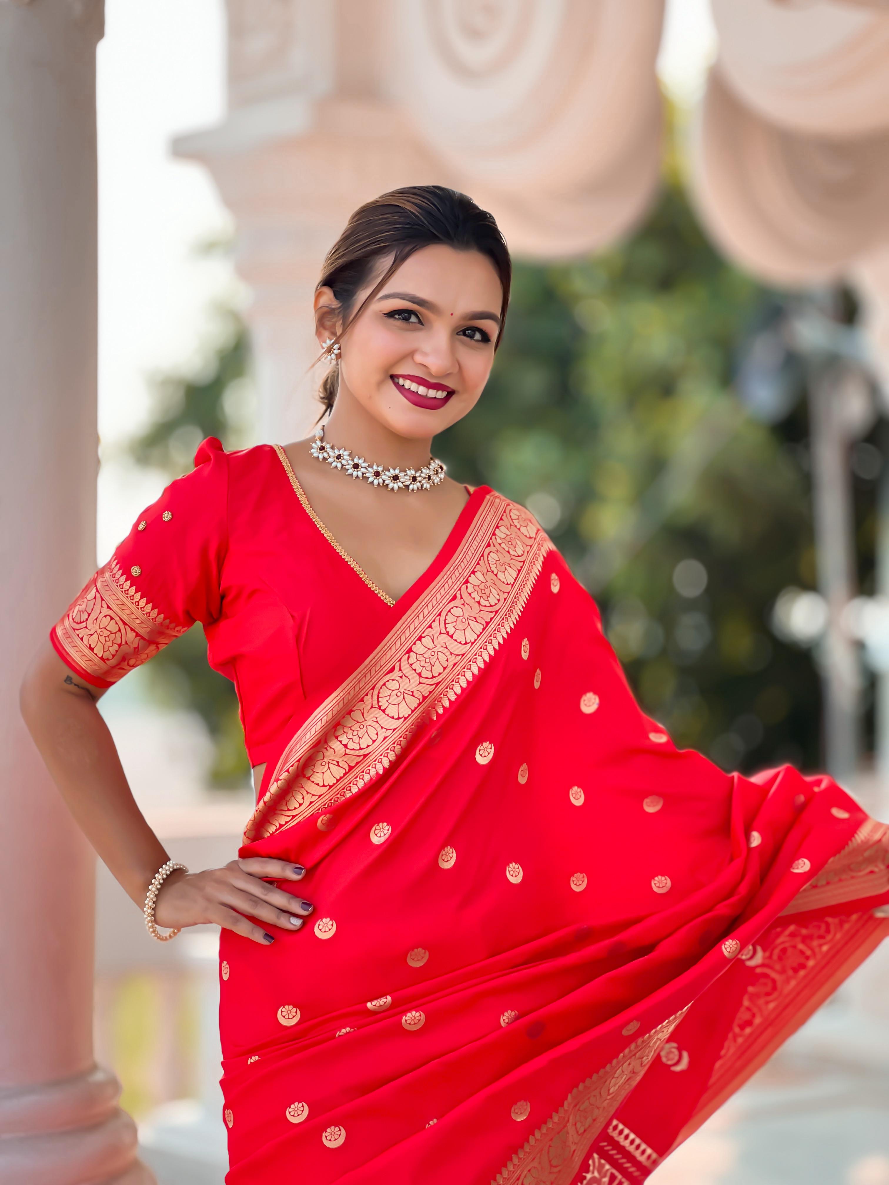 Red Woven Design Soft Silk Saree with Golden Zari Work