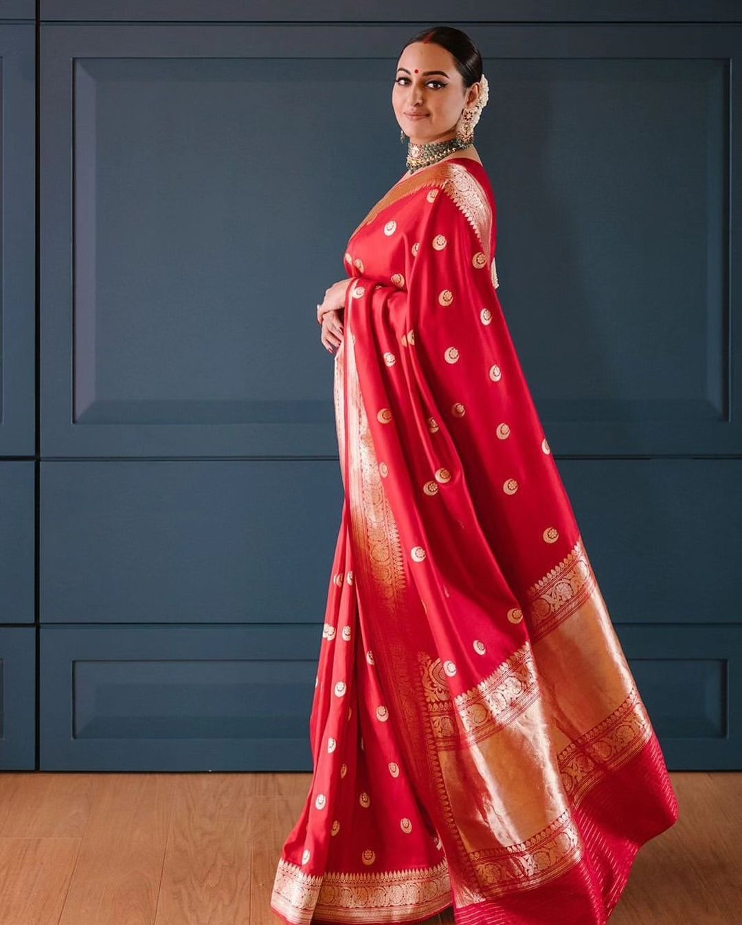 Red Woven Design Soft Silk Saree with Golden Zari Work