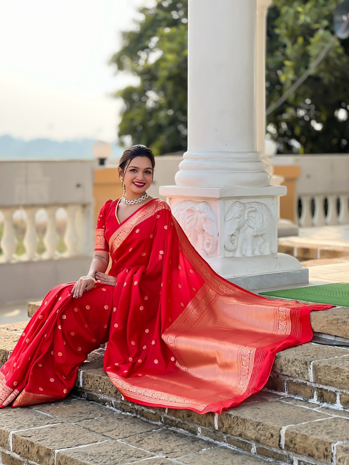 Red Woven Design Soft Silk Saree with Golden Zari Work