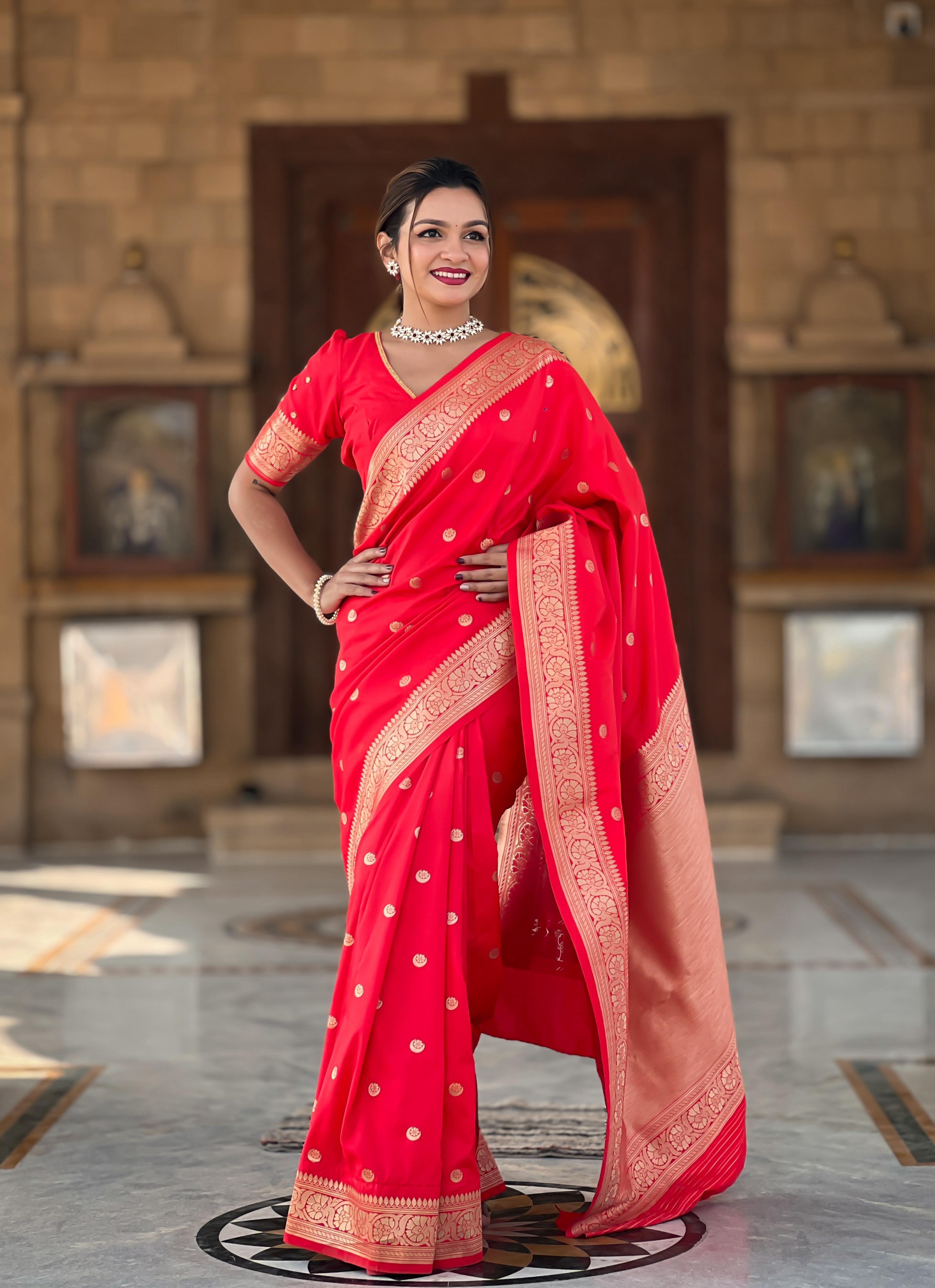Red Woven Design Soft Silk Saree with Golden Zari Work