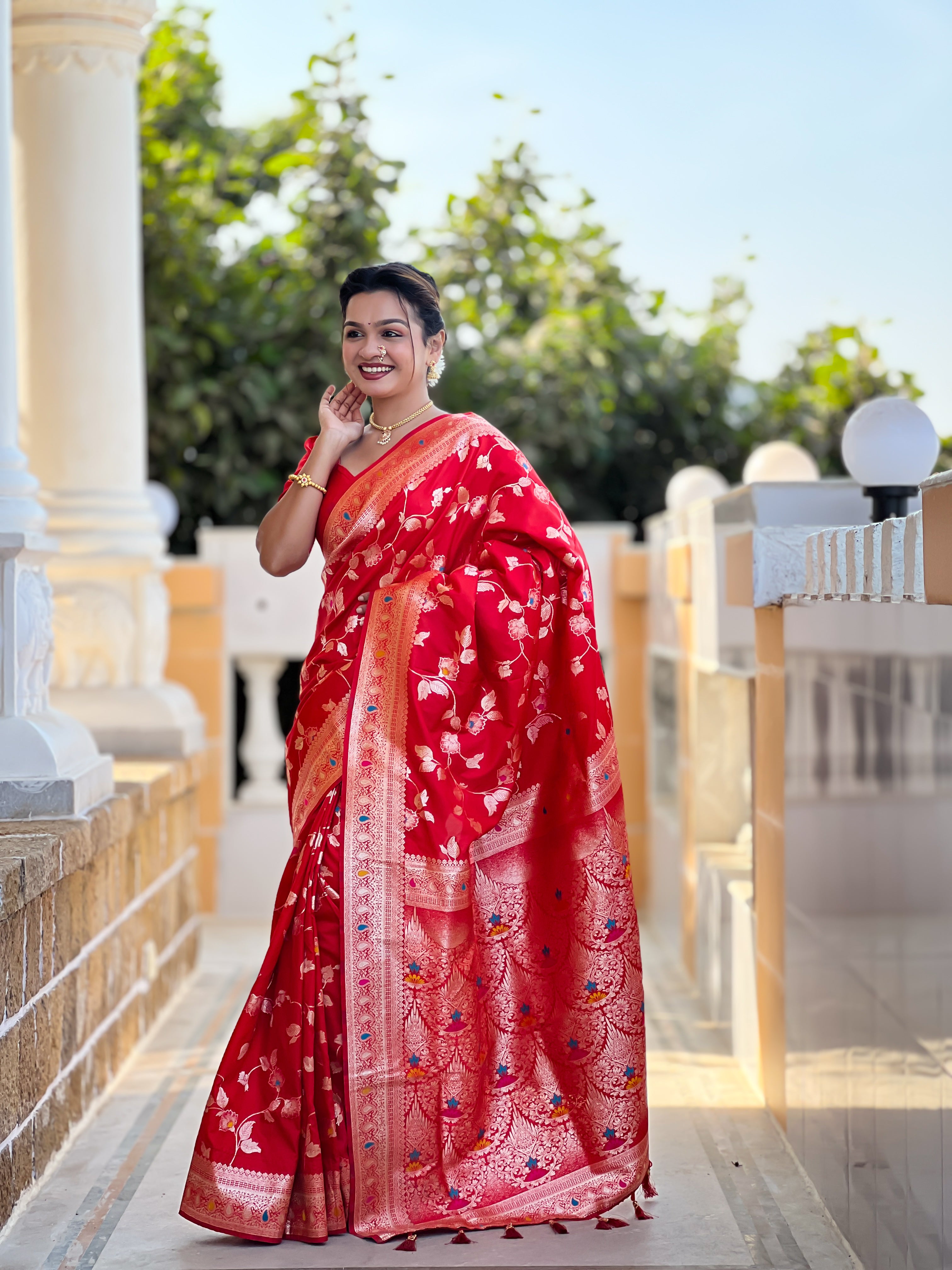 Red Zari Embroidered Banarasi Silk Saree