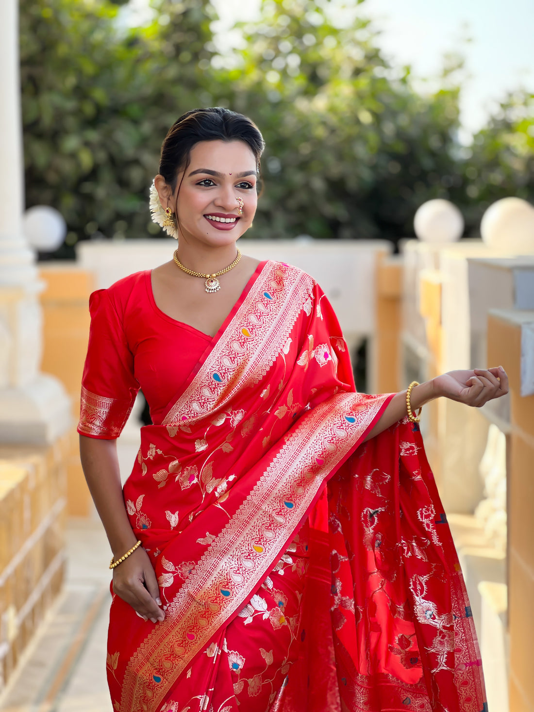 Red Zari Embroidered Banarasi Silk Saree