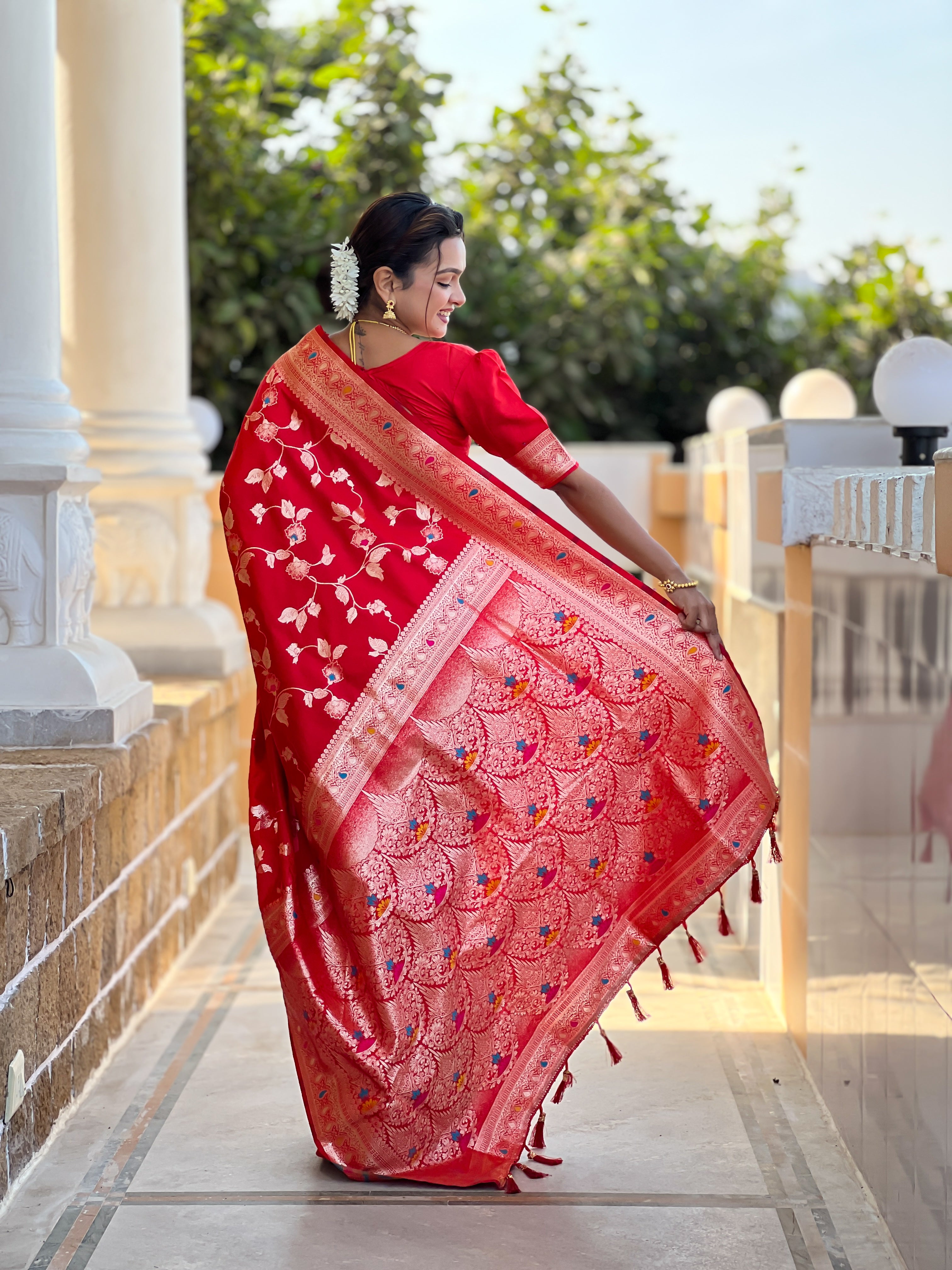 Red Zari Embroidered Banarasi Silk Saree