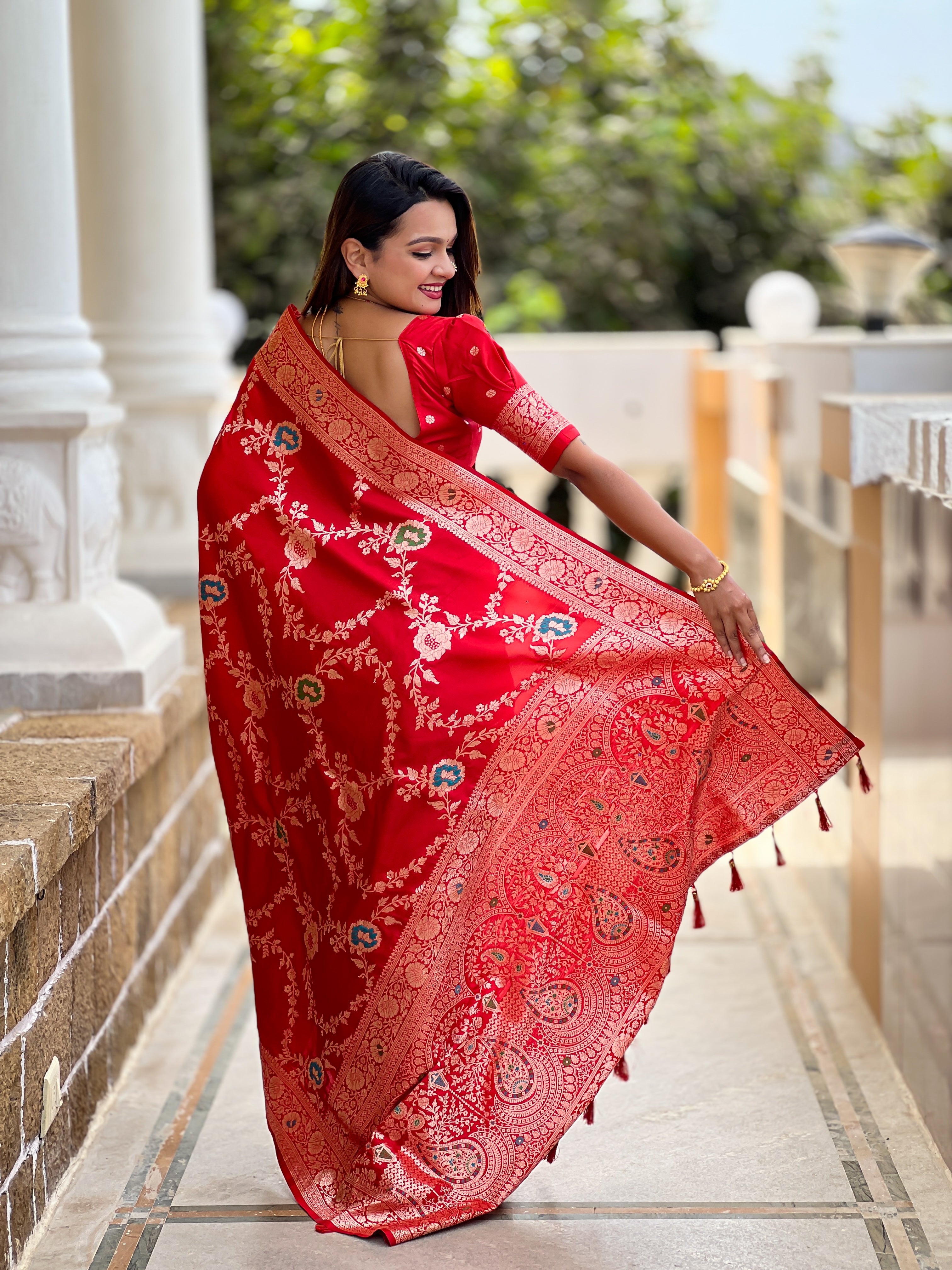 Red Soft Banarasi Silk Saree with Zari Weaving Meenakari Touchup Design