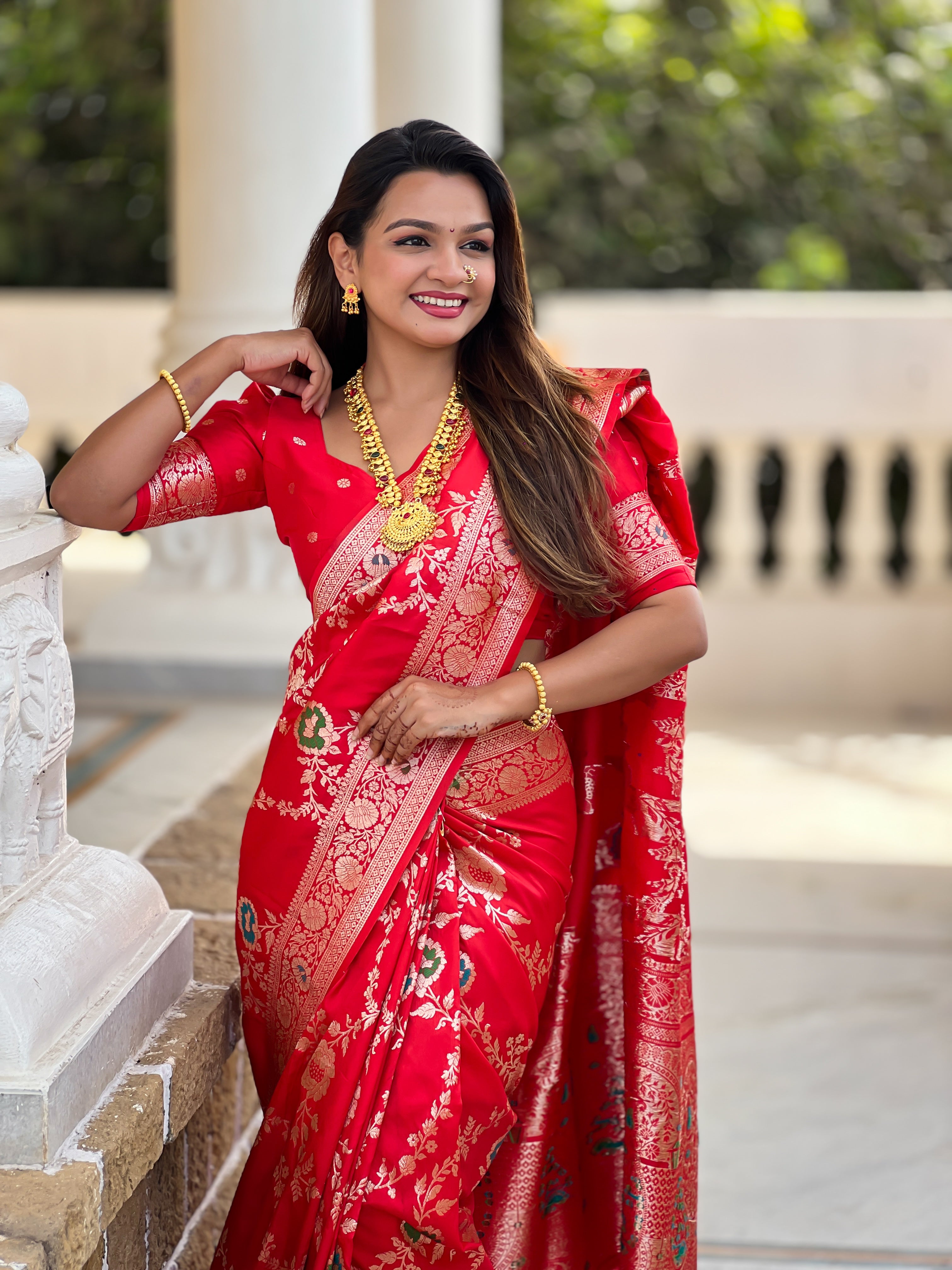Red Soft Banarasi Silk Saree with Zari Weaving Meenakari Touchup Design