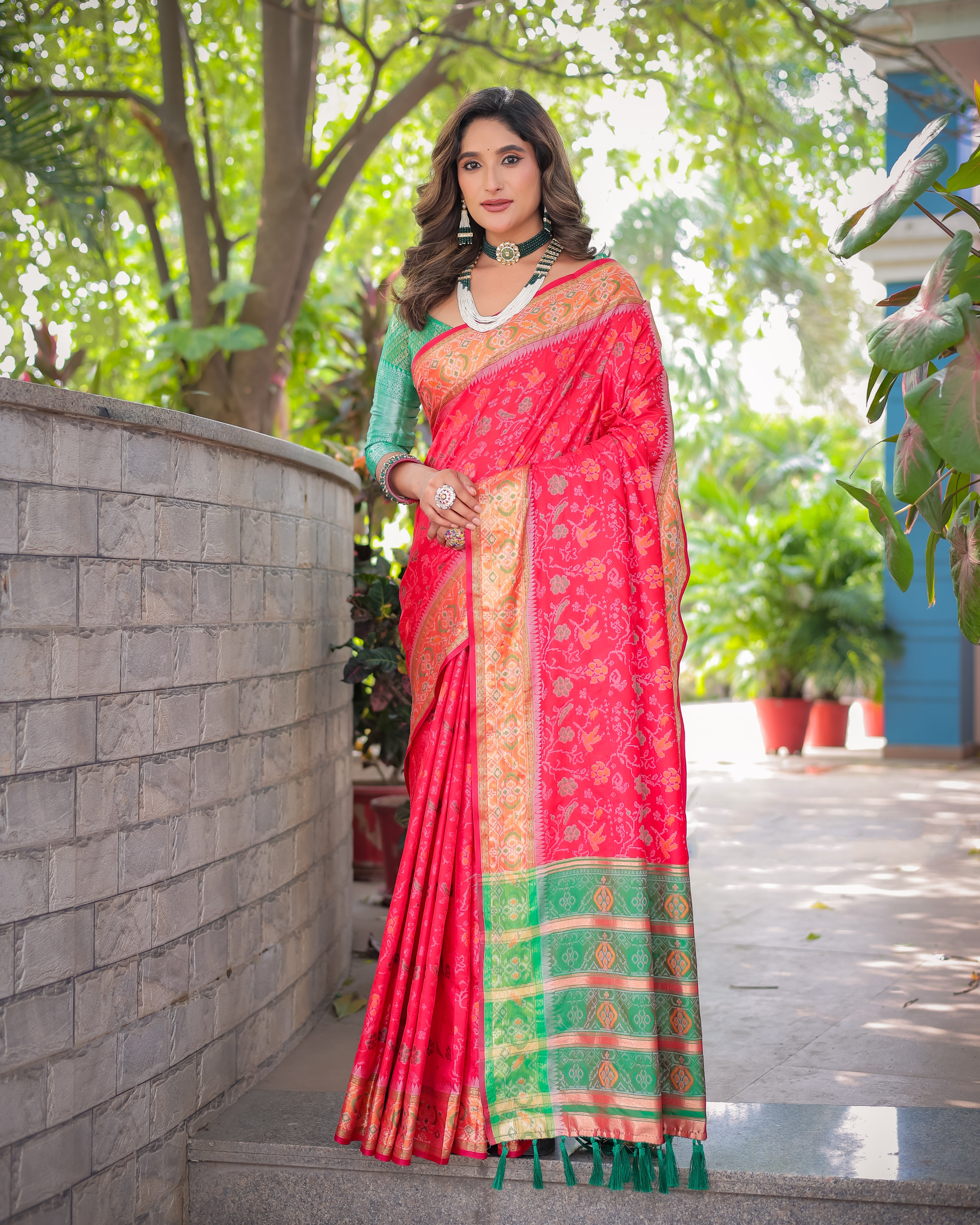 Red and Green Banarasi Patola Soft Silk Saree