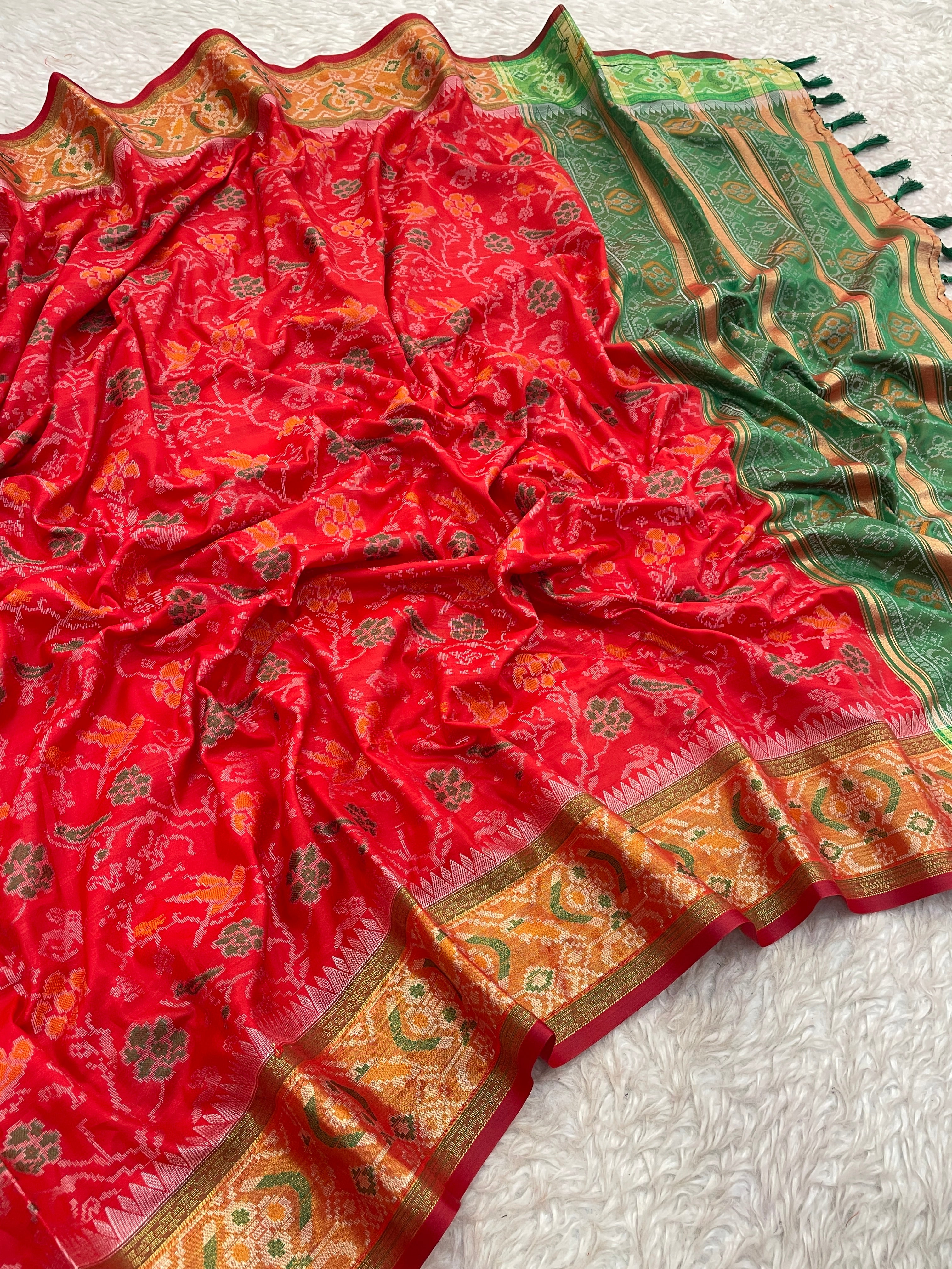 Red and Green Banarasi Patola Soft Silk Saree