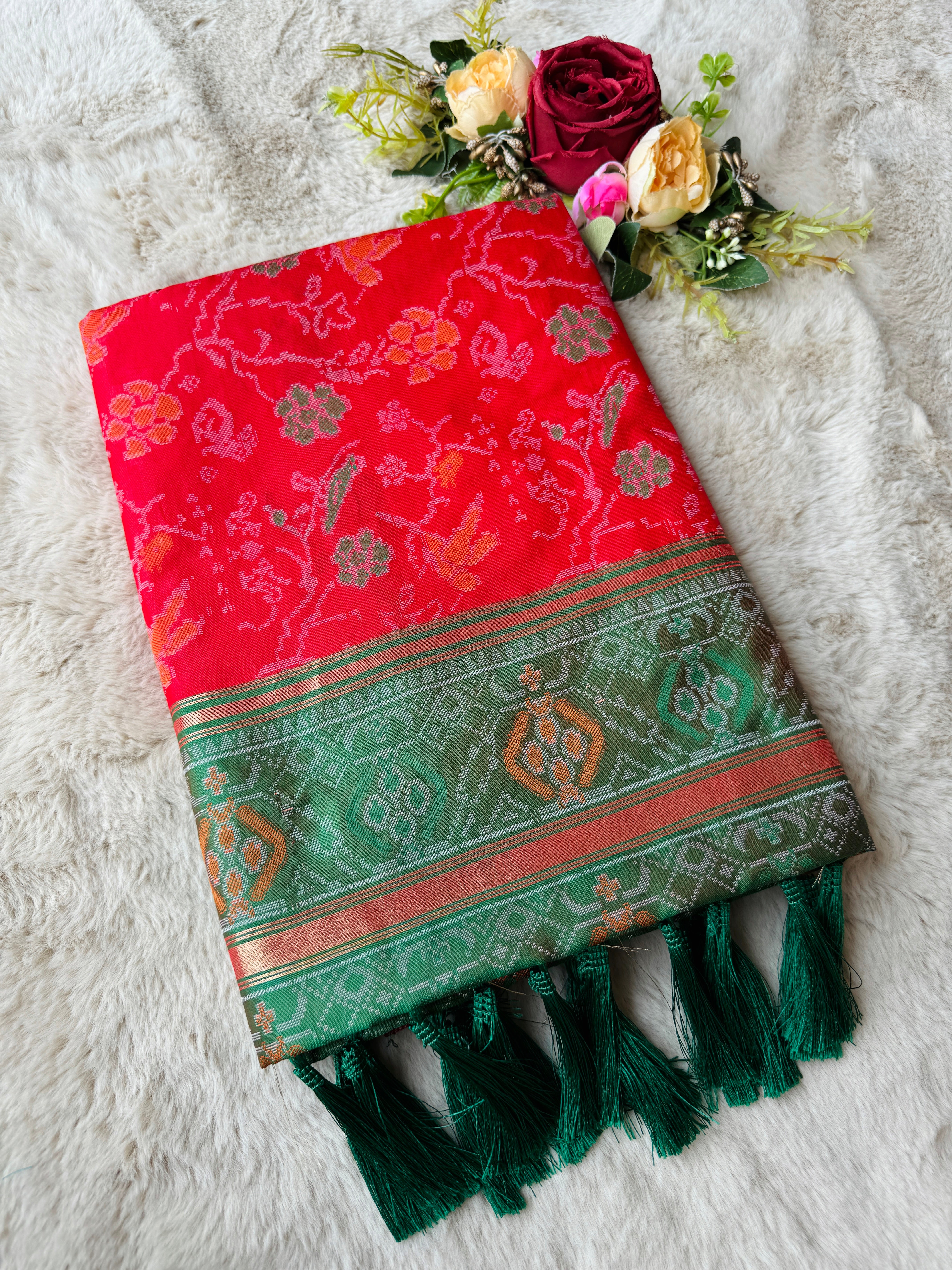 Red and Green Banarasi Patola Soft Silk Saree