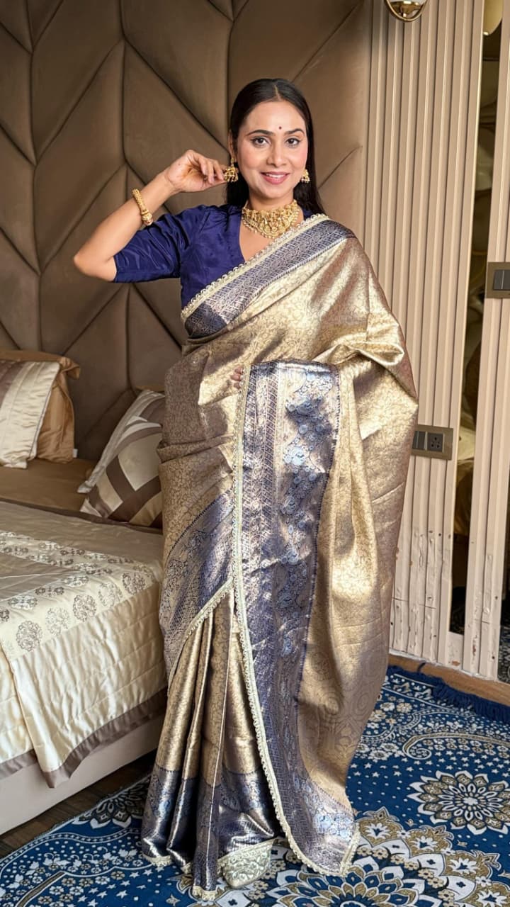 Rich-Golden-Beige-and-Neavy-Blue-Silk-Saree–Zari-Weaving