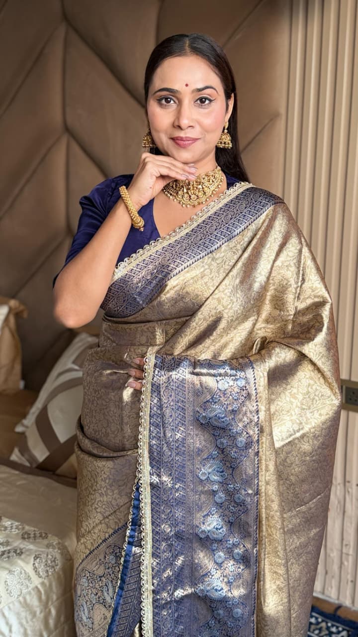 Rich-Golden-Beige-and-Neavy-Blue-Silk-Saree–Zari-Weaving