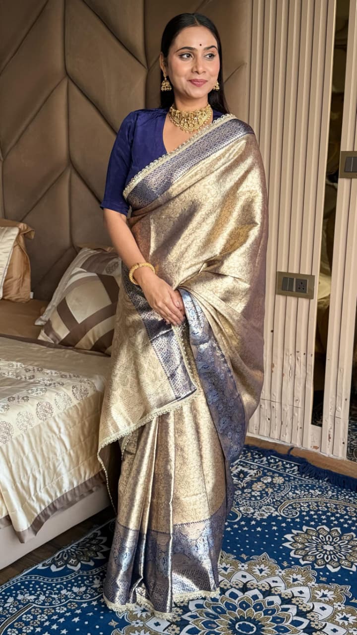 Rich-Golden-Beige-and-Neavy-Blue-Silk-Saree–Zari-Weaving