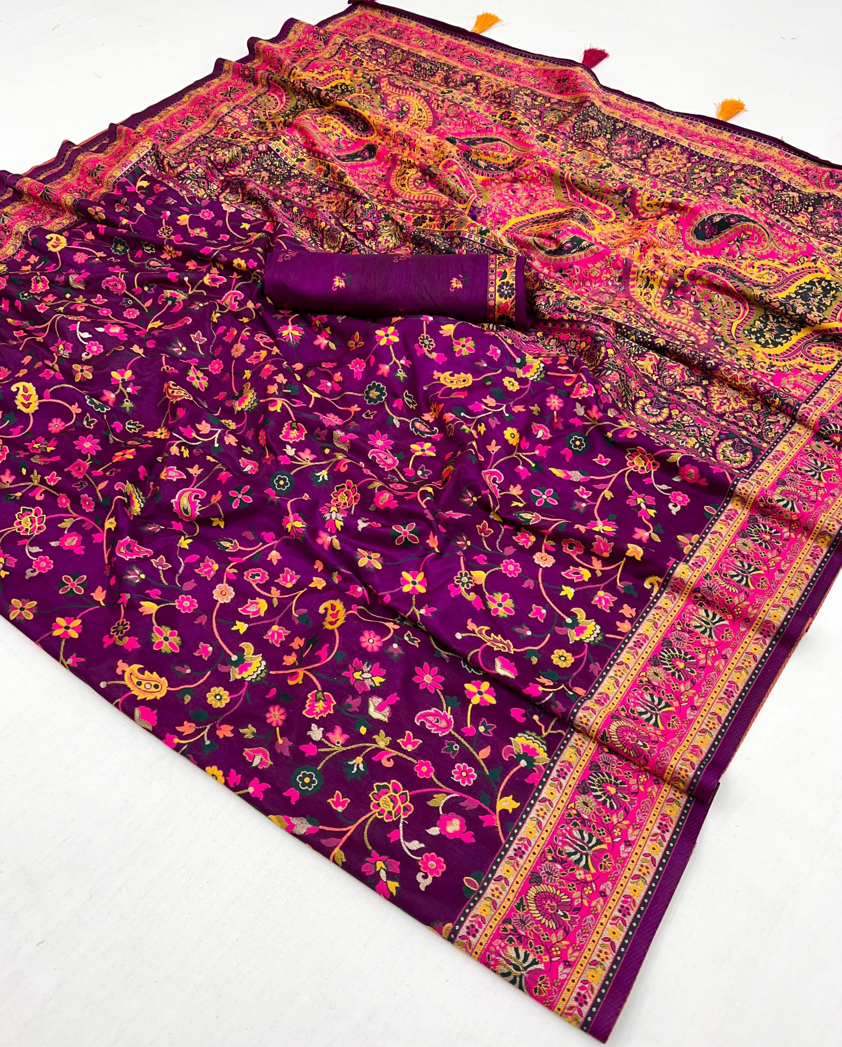 Rich Purple Pashmina Kashmiri Sarees with meena weaves and kashmiri weaves