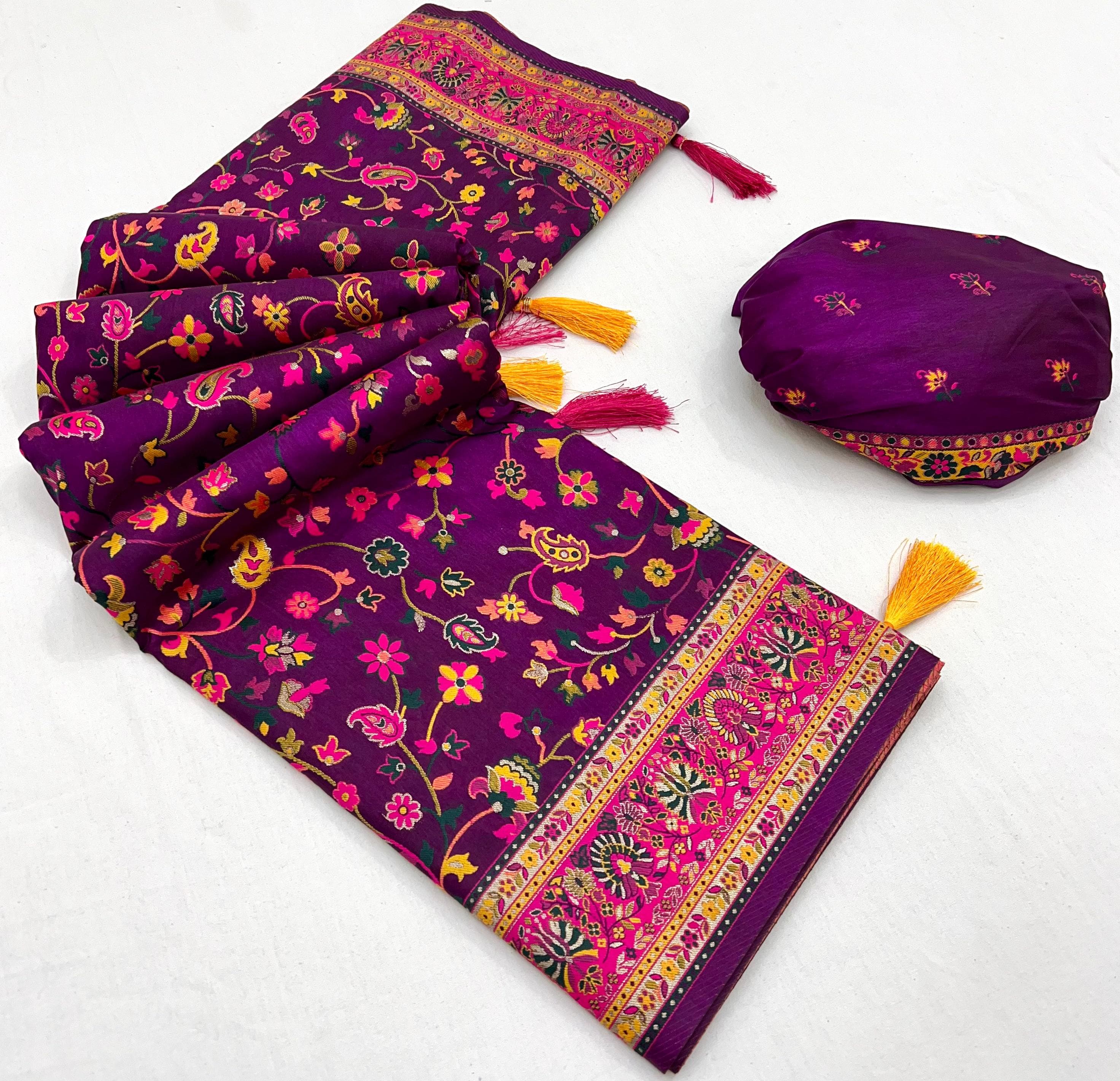 Rich Purple Pashmina Kashmiri Sarees with meena weaves and kashmiri weaves