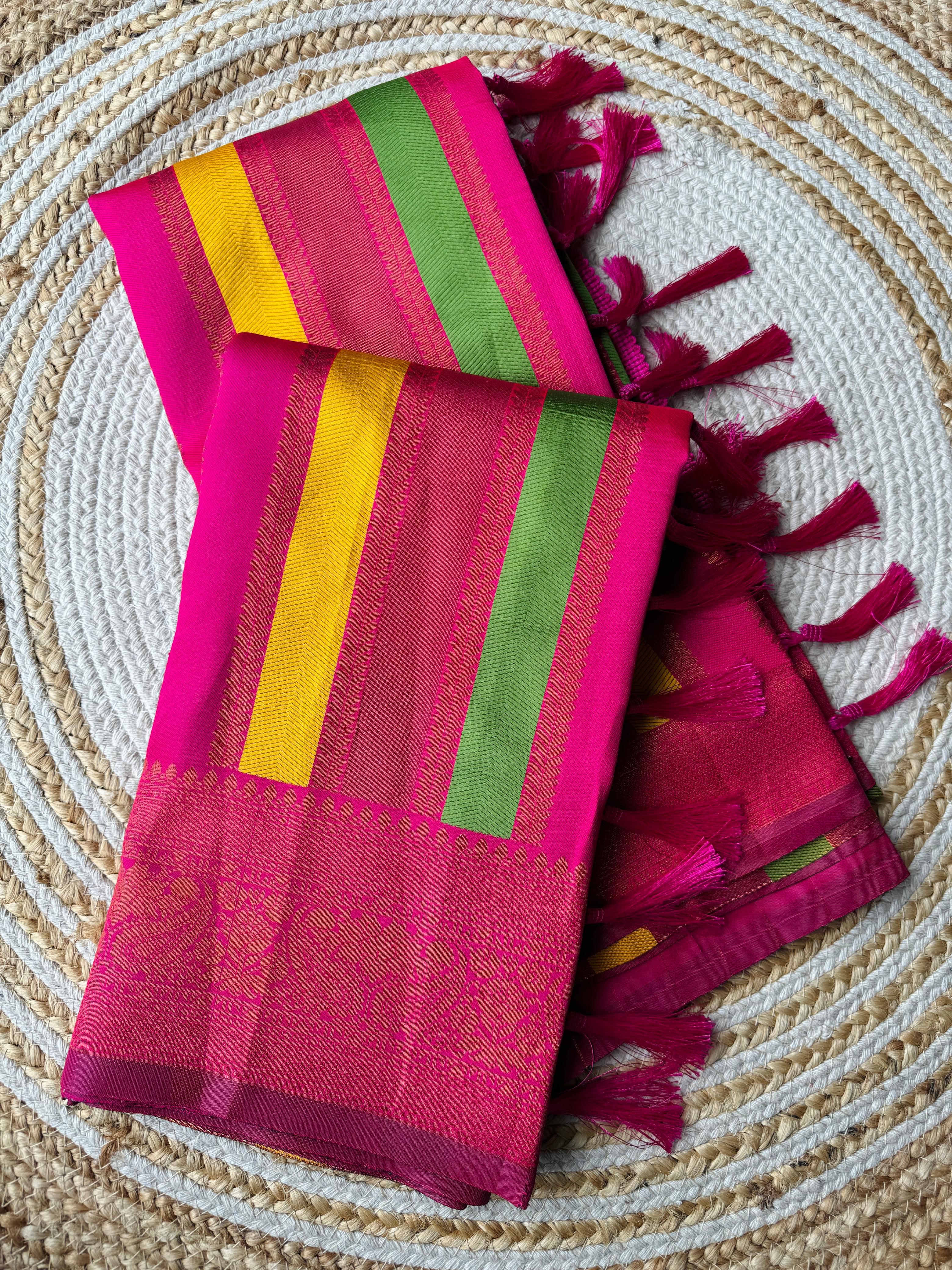 Rosy Pink Pure Soft Semi Kanjivaram Pattu Silk Saree