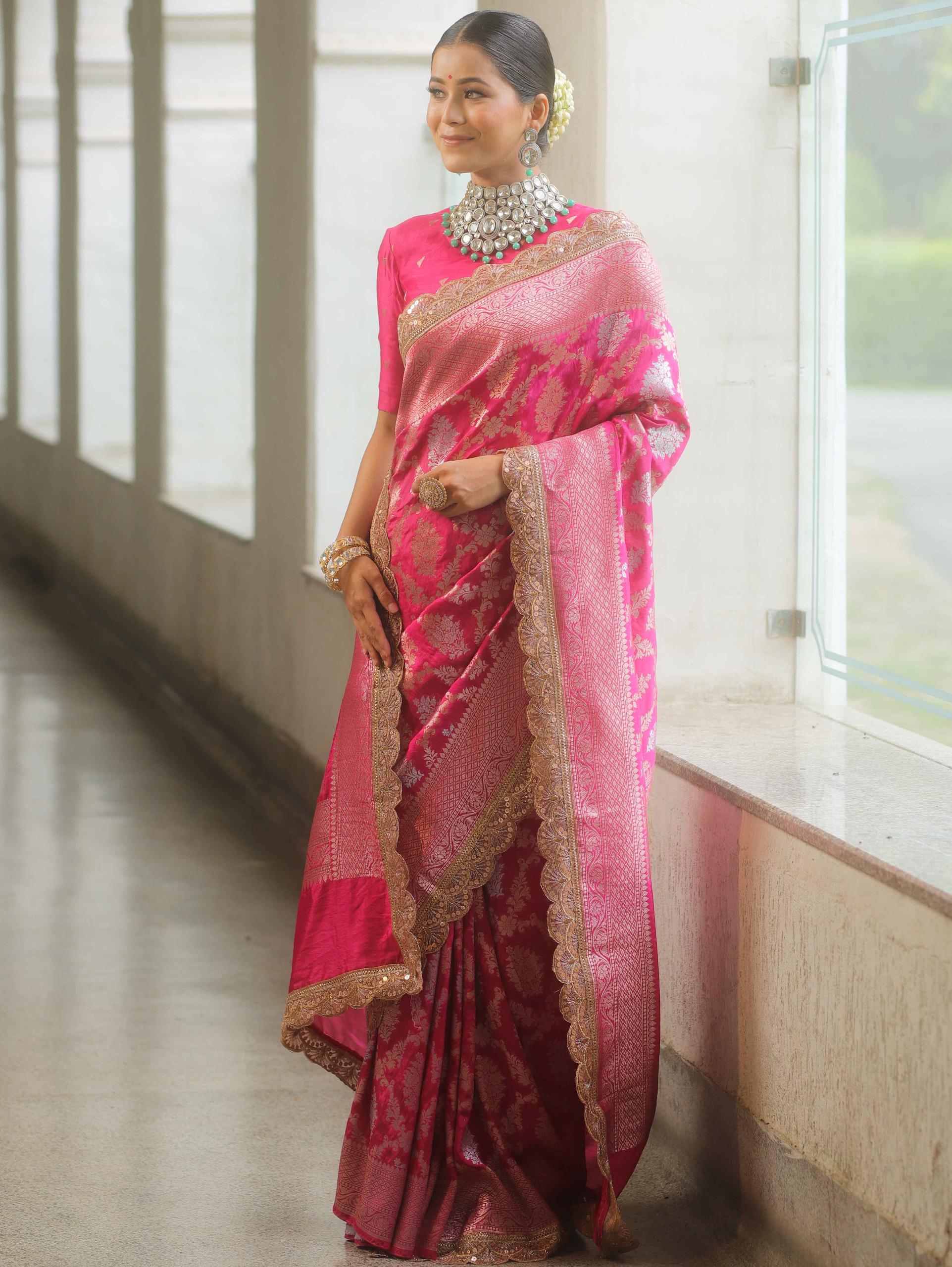 Rosy pink banarsi katan silk saree