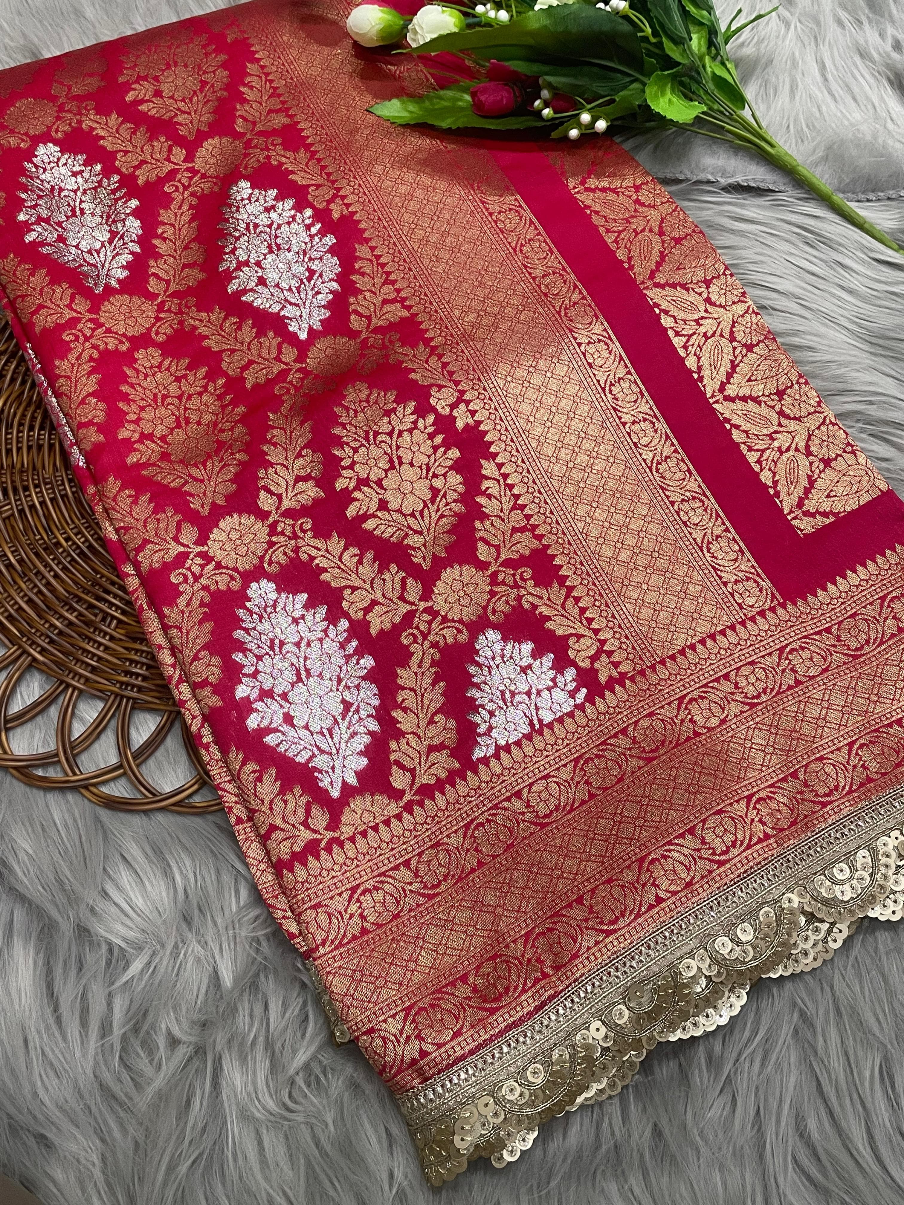 Rosy pink banarsi katan silk saree