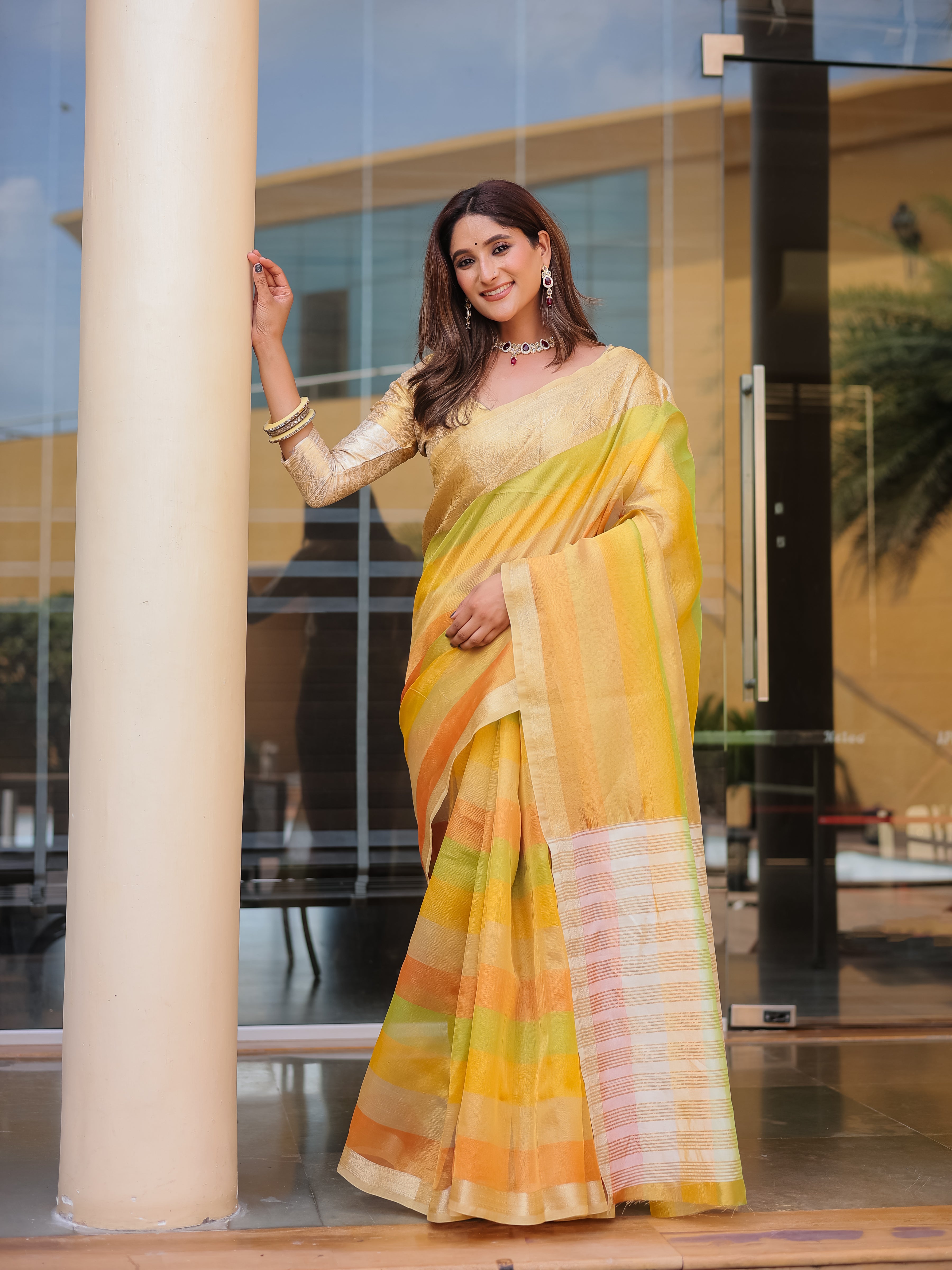 Saffron Mango Banarasi Handloom Crush Saree