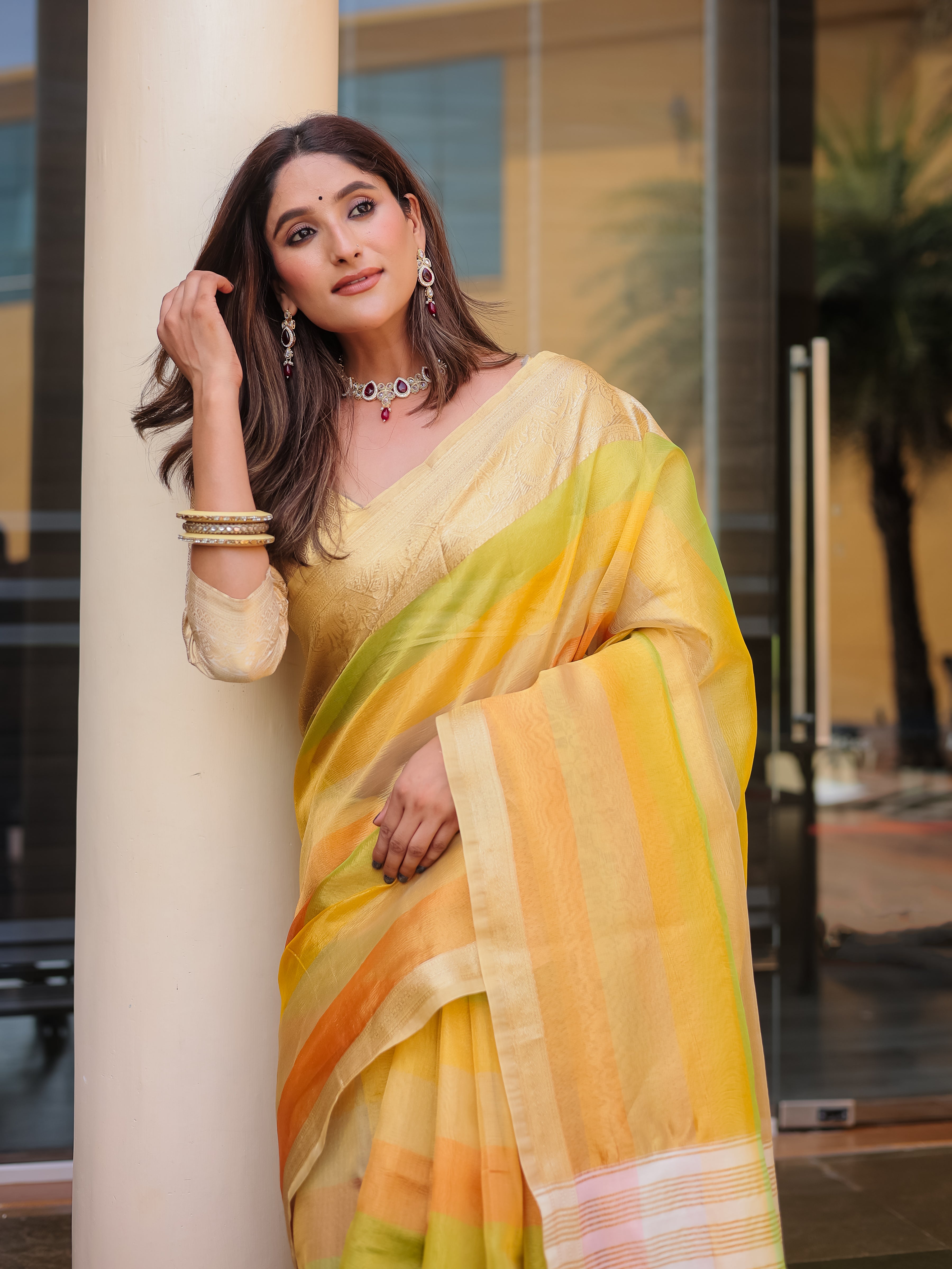 Saffron Mango Banarasi Handloom Crush Saree