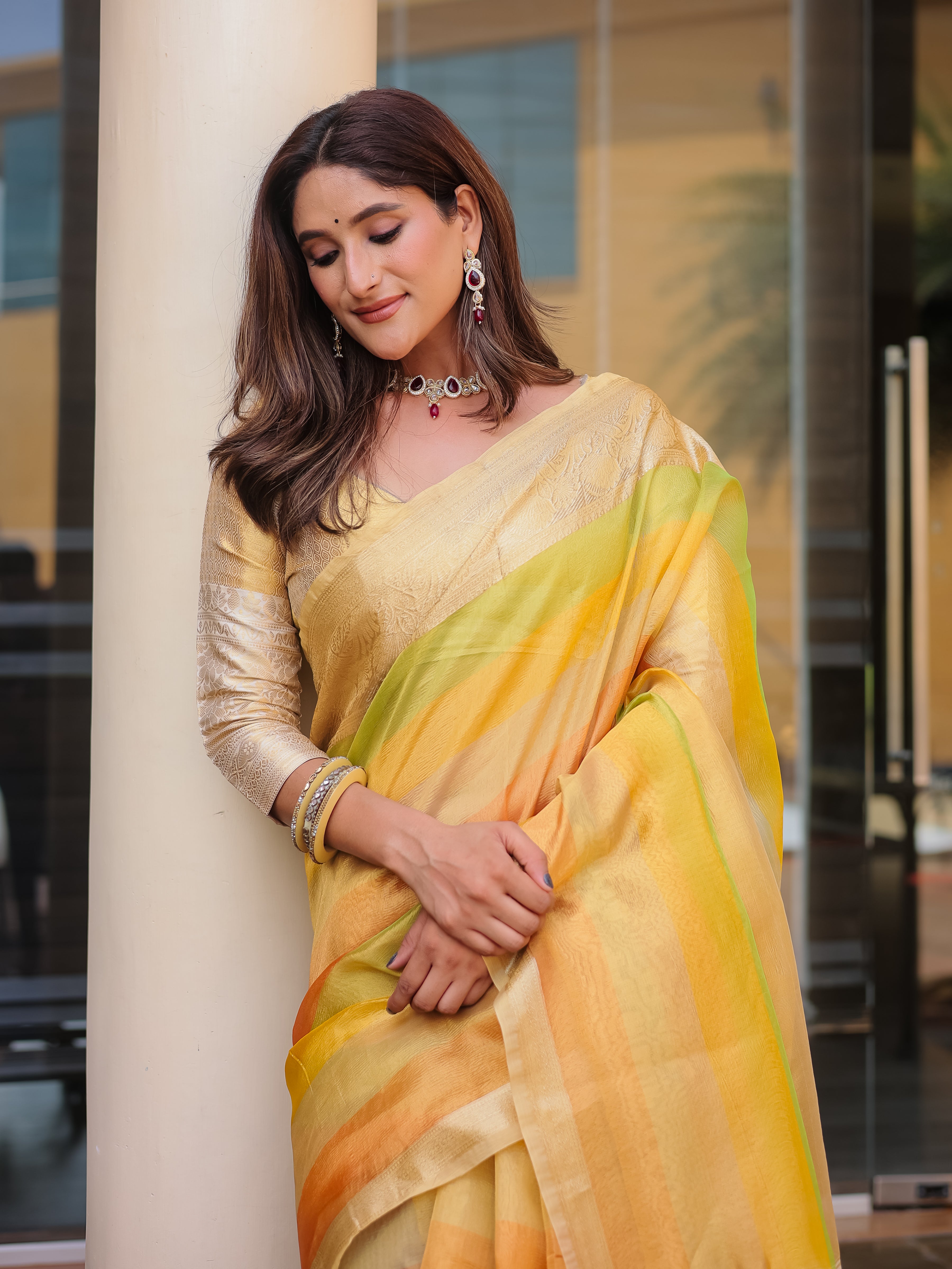 Saffron Mango Banarasi Handloom Crush Saree