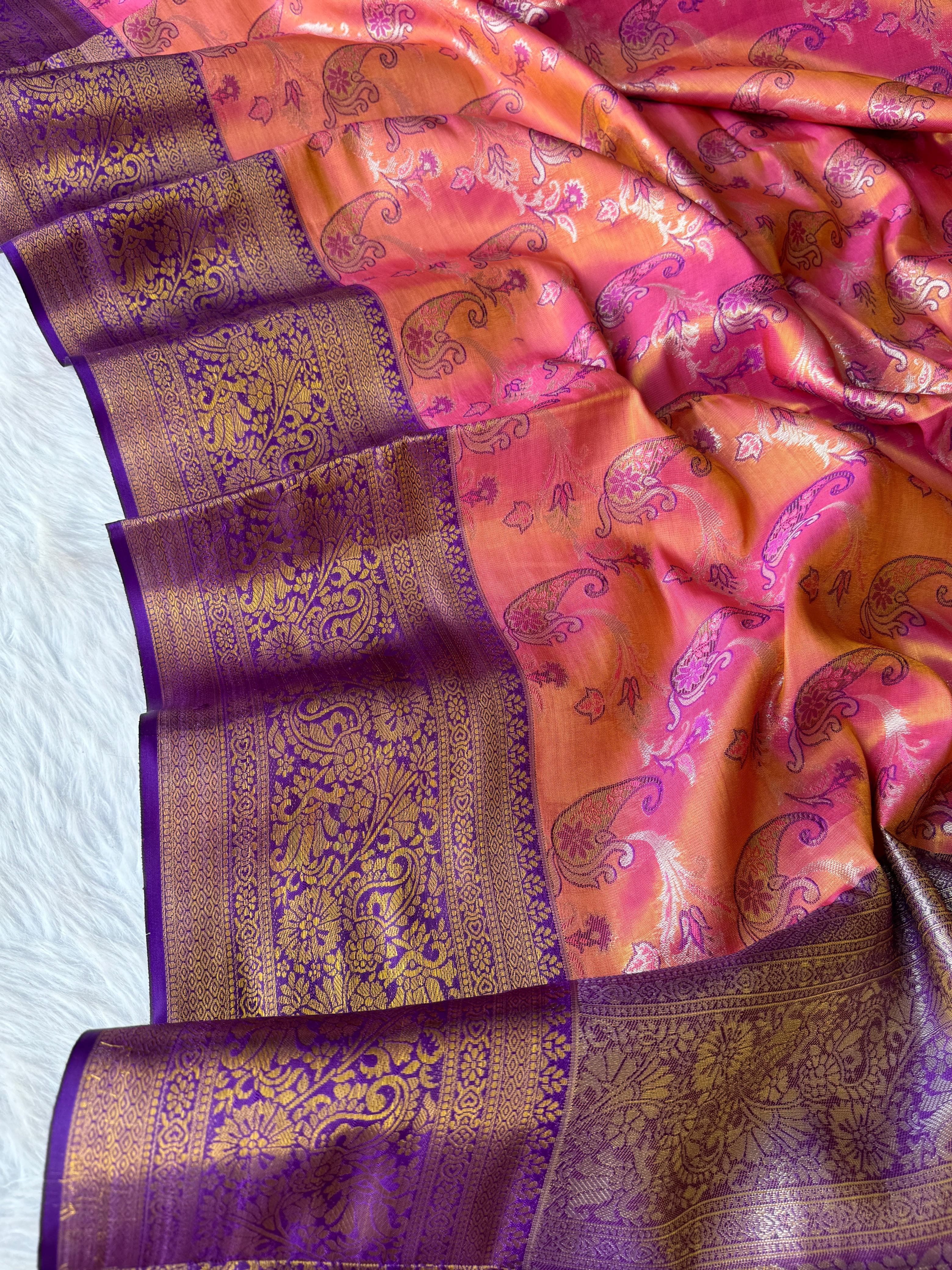 Salmon Pink Dharmavaram Soft Banarsi Tissue Saree