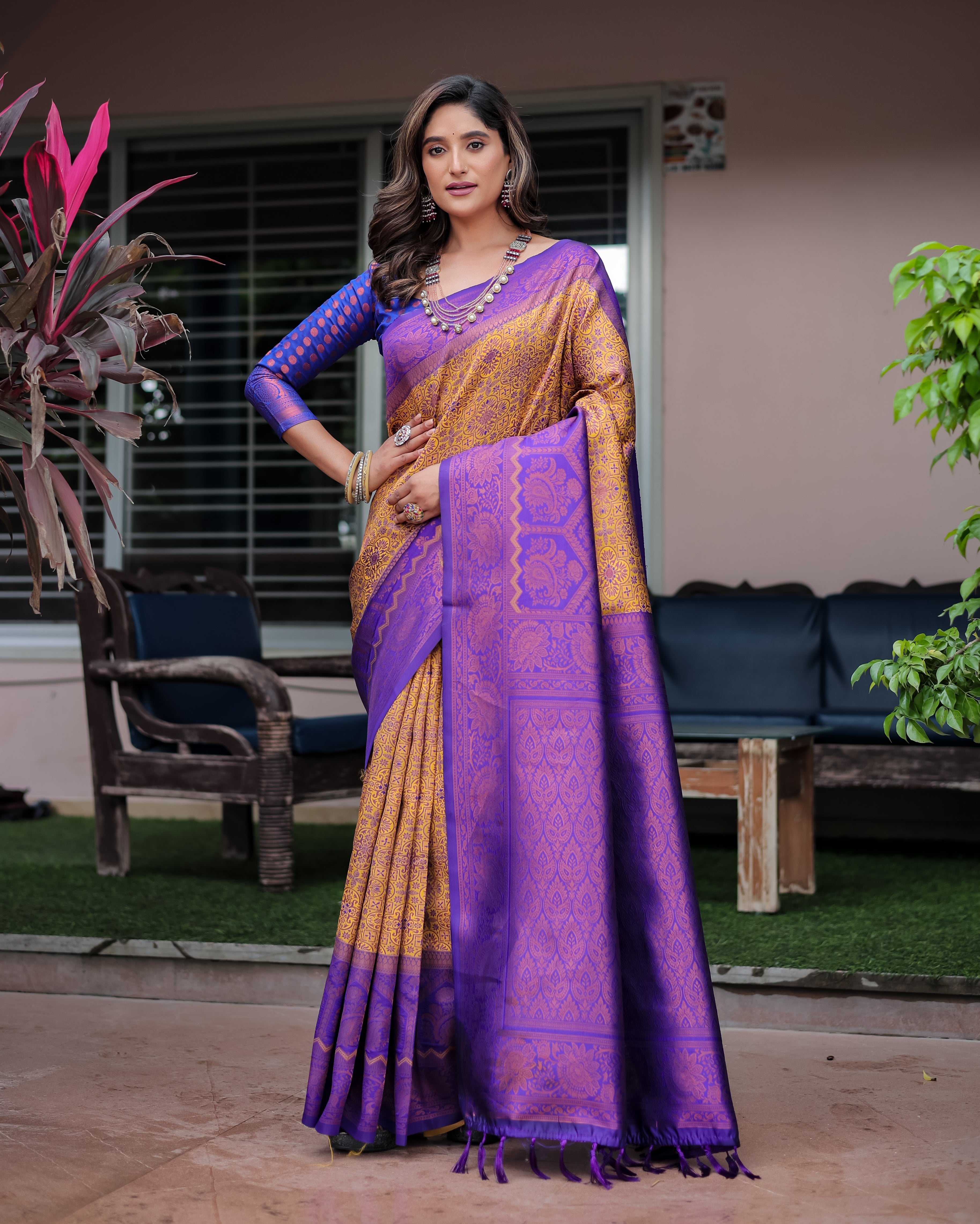 Satin Sheen Gold Designer Tassels Premium Banarsi Silk Saree