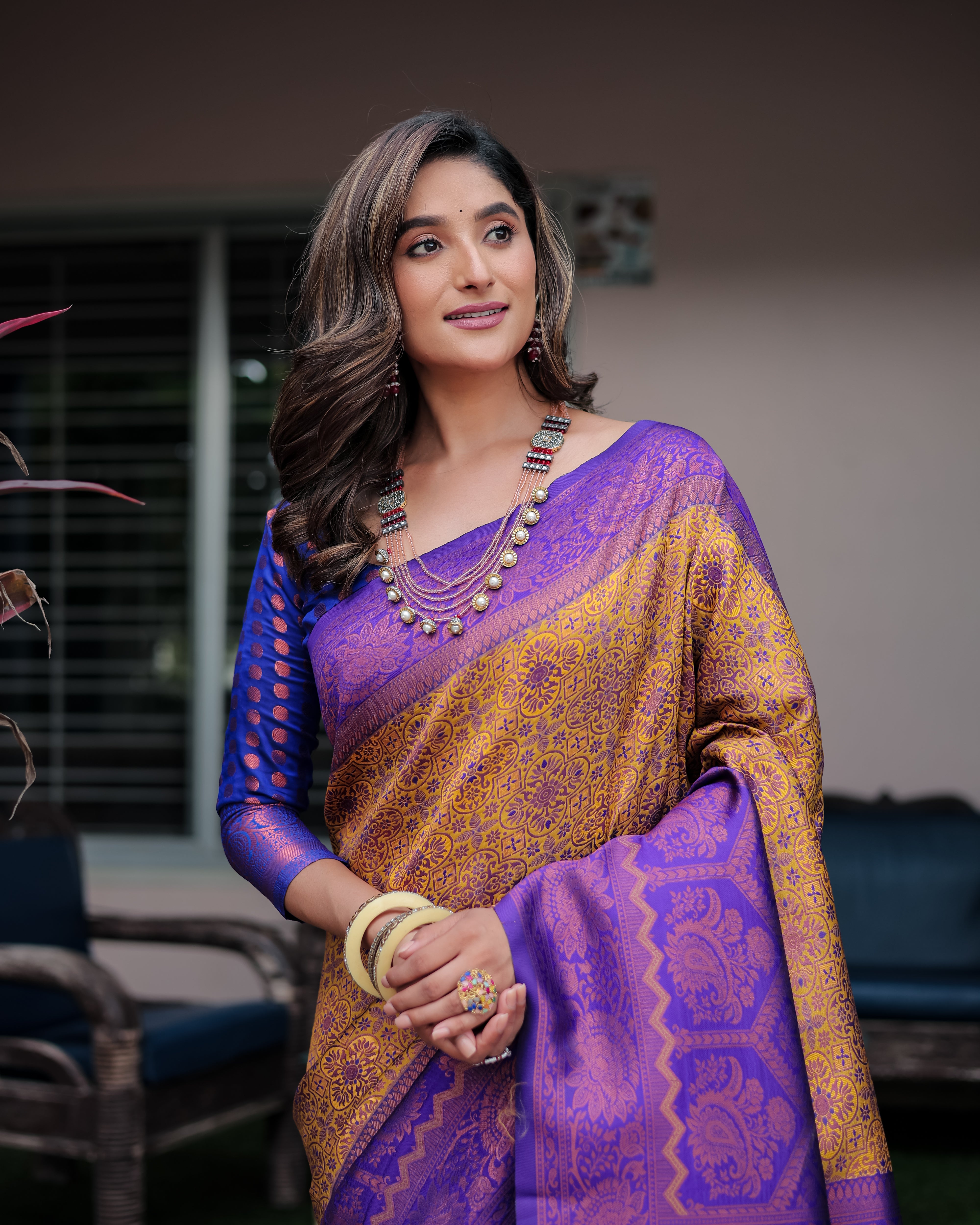 Satin Sheen Gold Designer Tassels Premium Banarsi Silk Saree