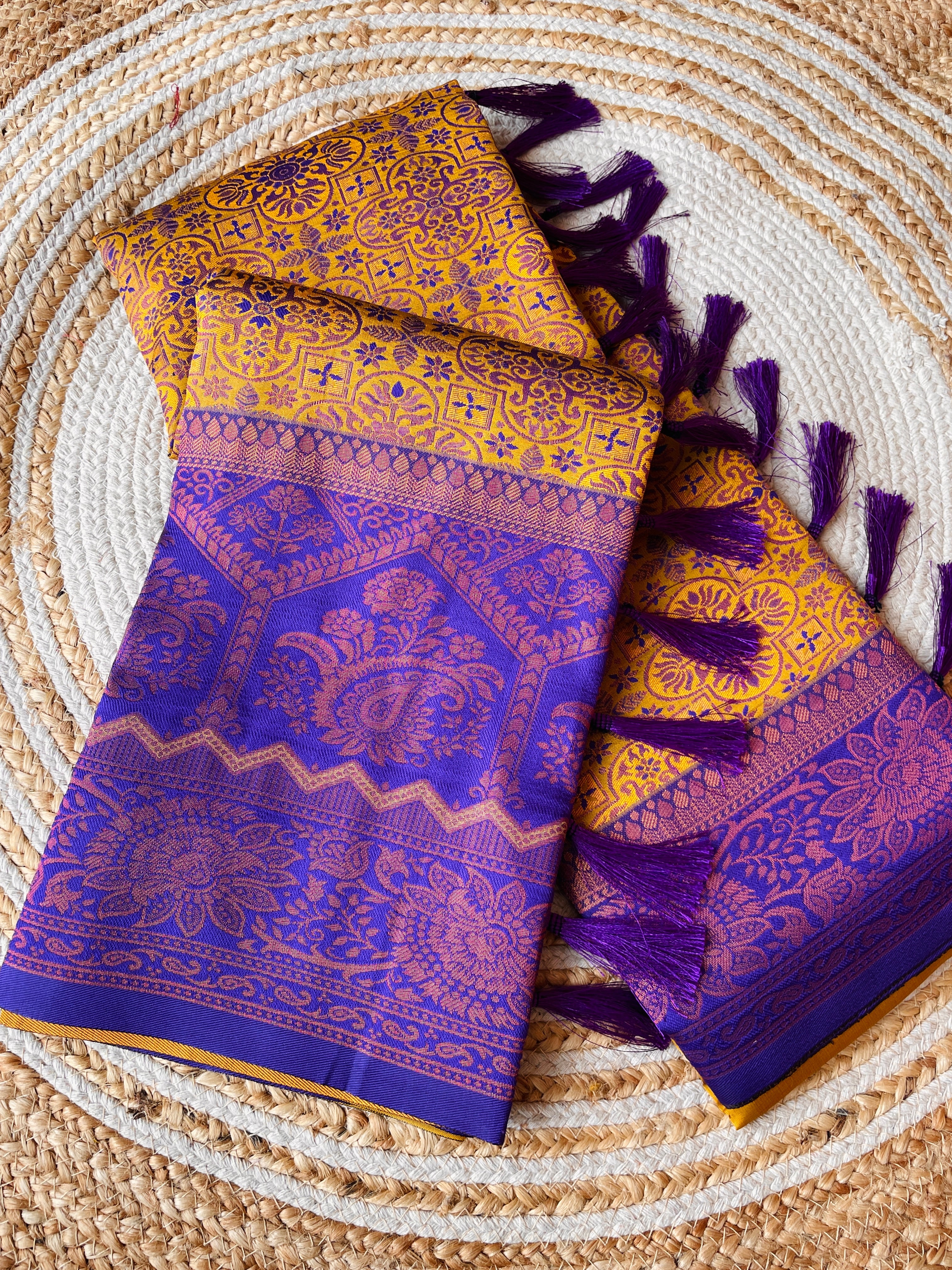 Satin Sheen Gold Designer Tassels Premium Banarsi Silk Saree