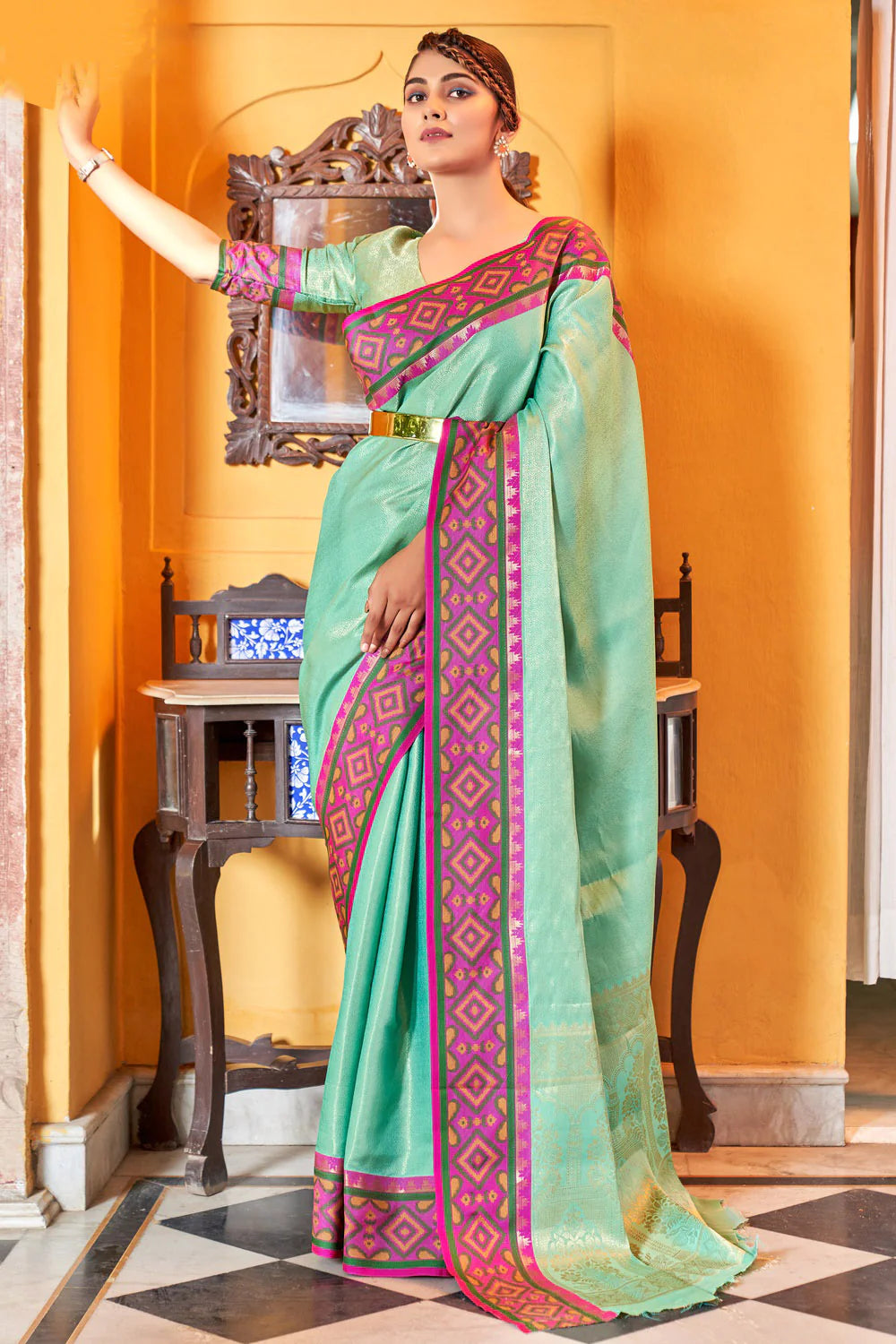 Sea Green Kanjivaram Patola Silk Saree
