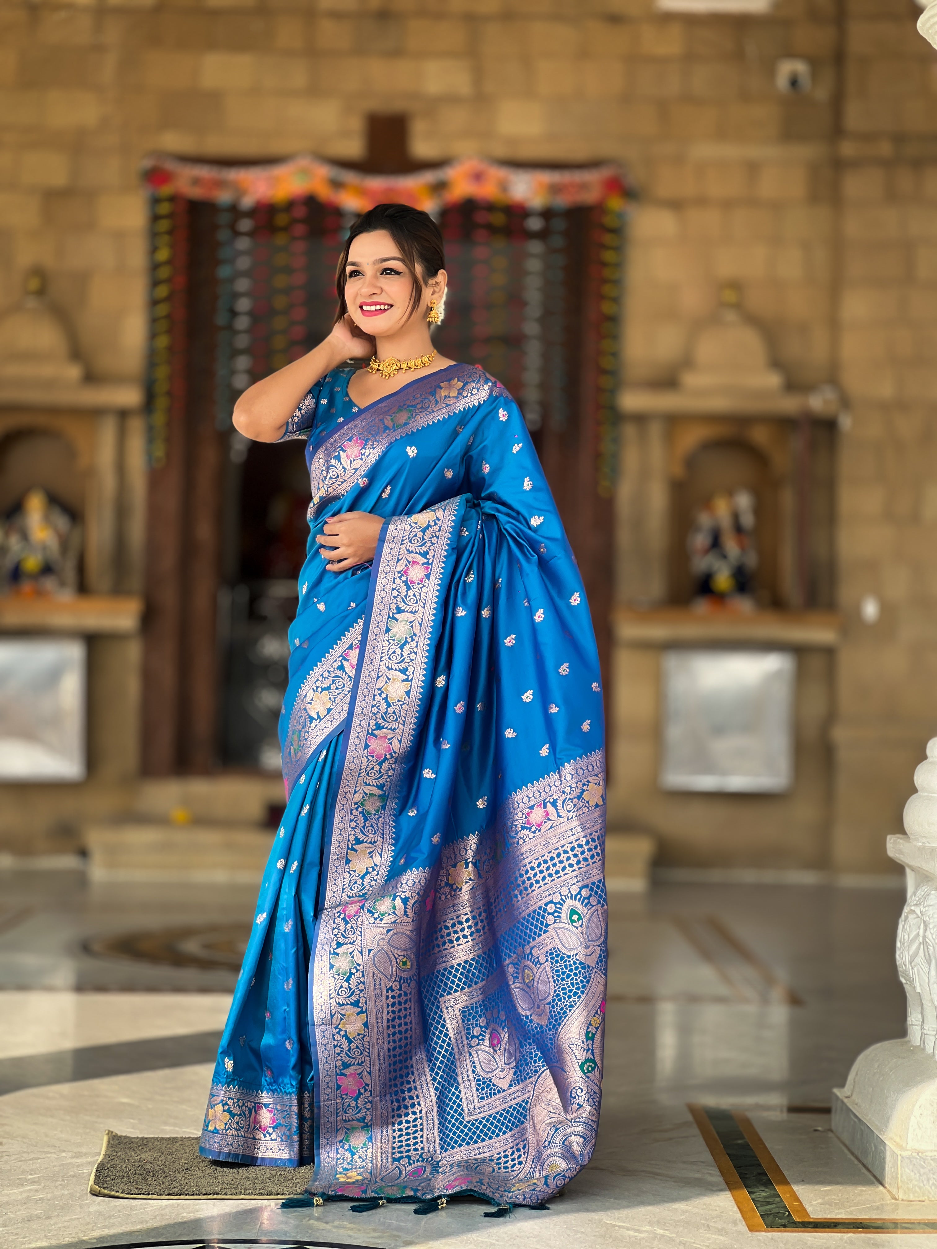Sky Blue Soft Banarasi Silk Saree With Zari Weaving Meenakari
