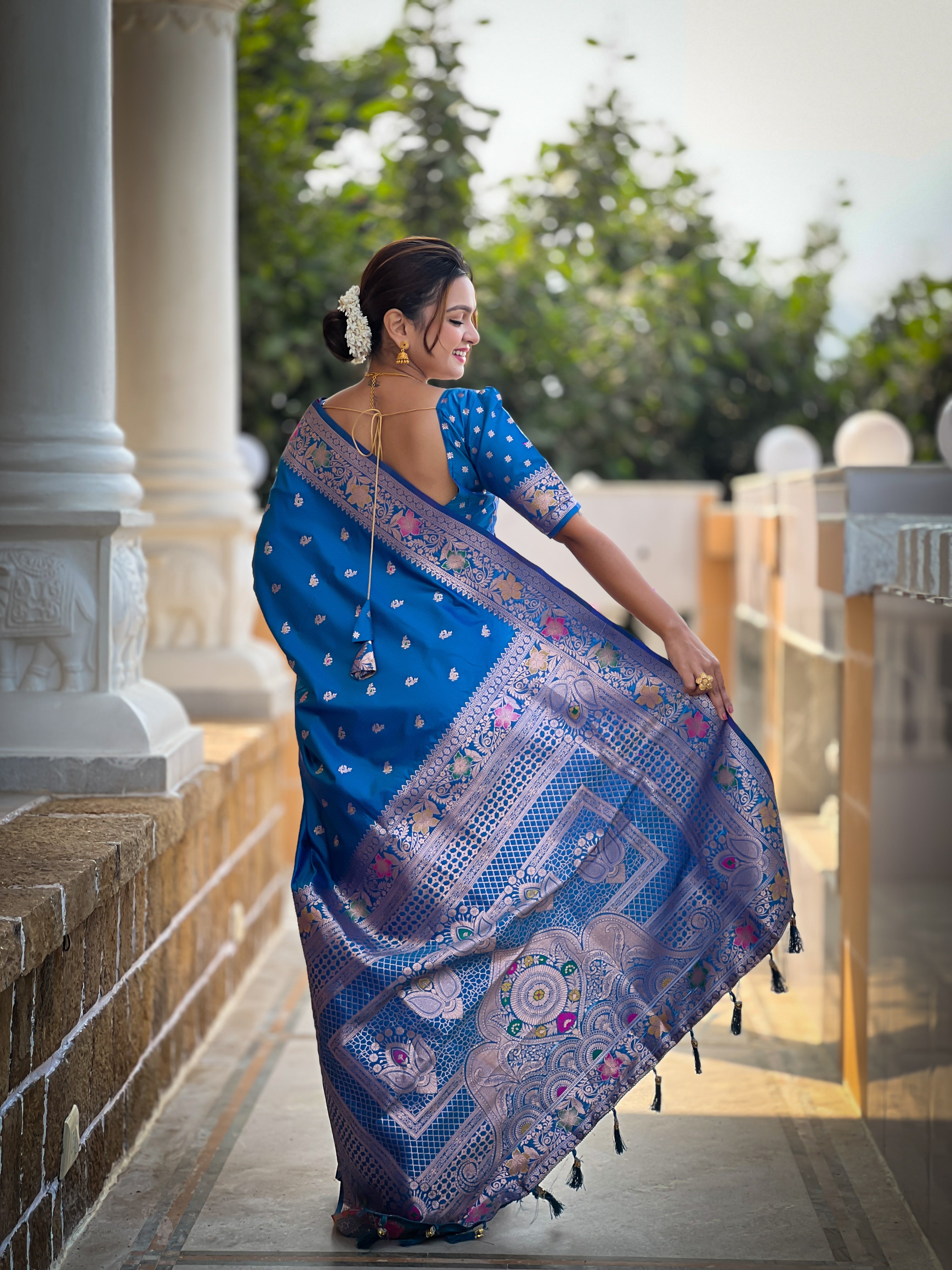 Sky Blue Soft Banarasi Silk Saree With Zari Weaving Meenakari