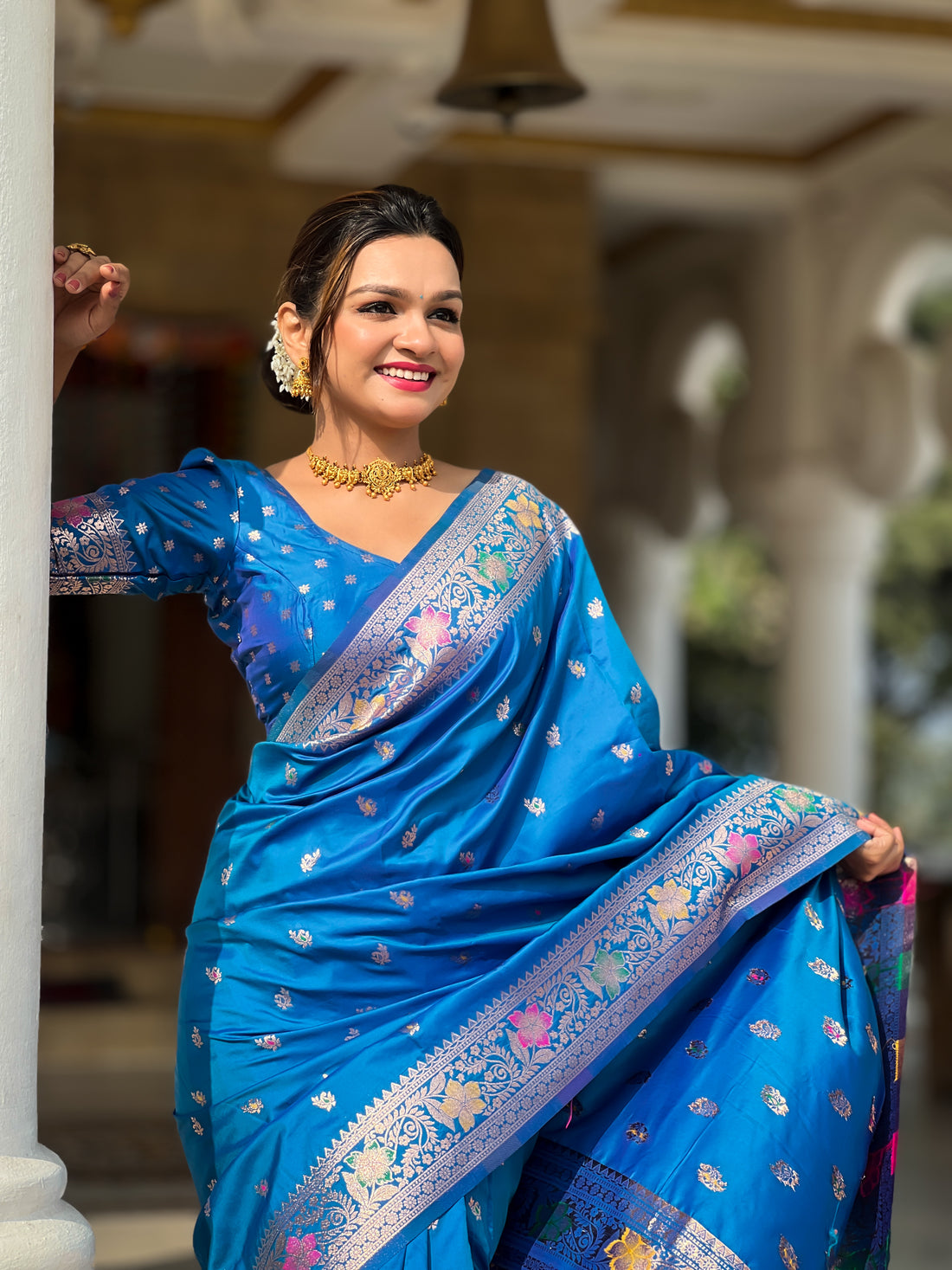 Sky Blue Soft Banarasi Silk Saree With Zari Weaving Meenakari