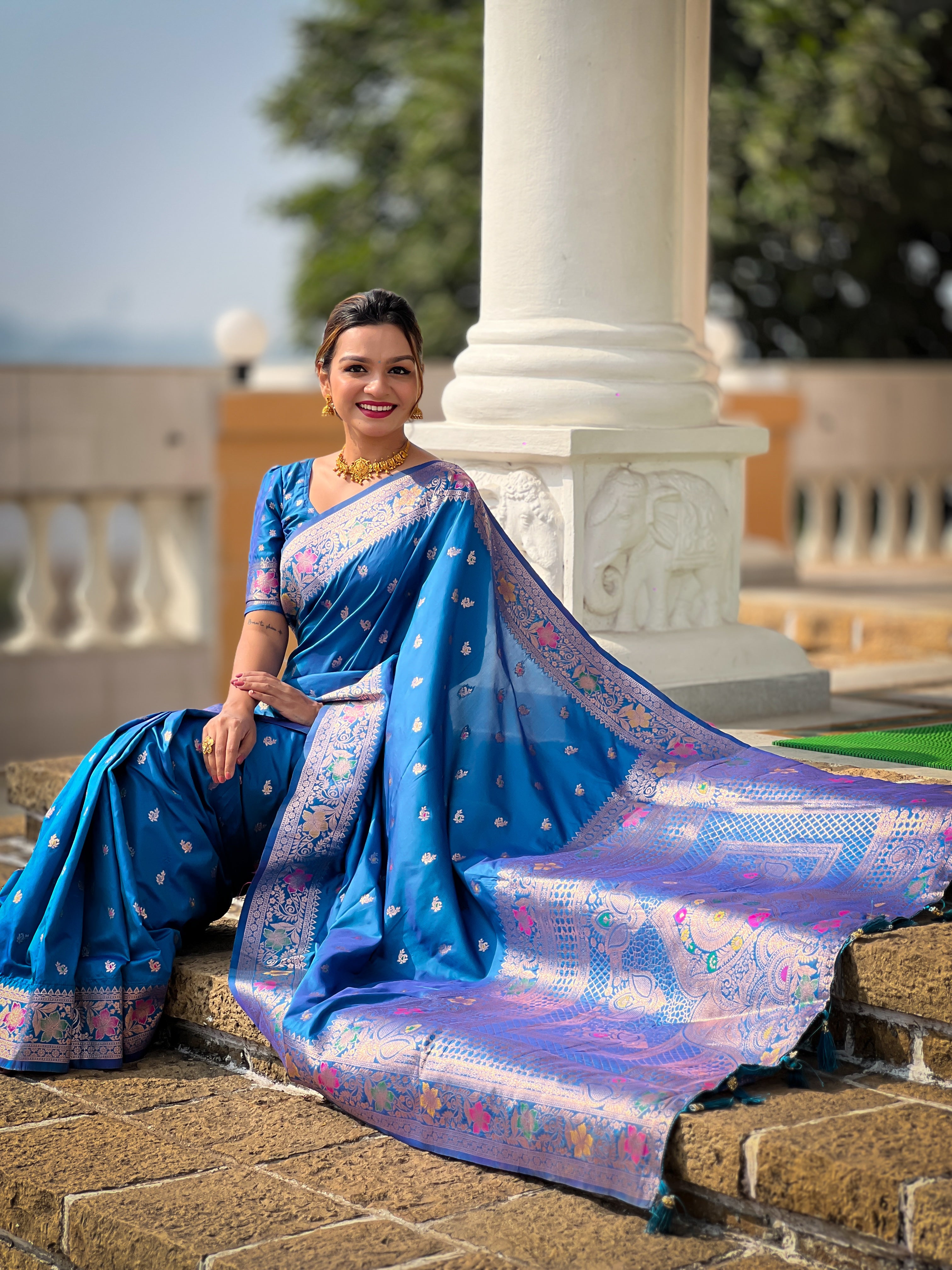 Sky Blue Soft Banarasi Silk Saree With Zari Weaving Meenakari