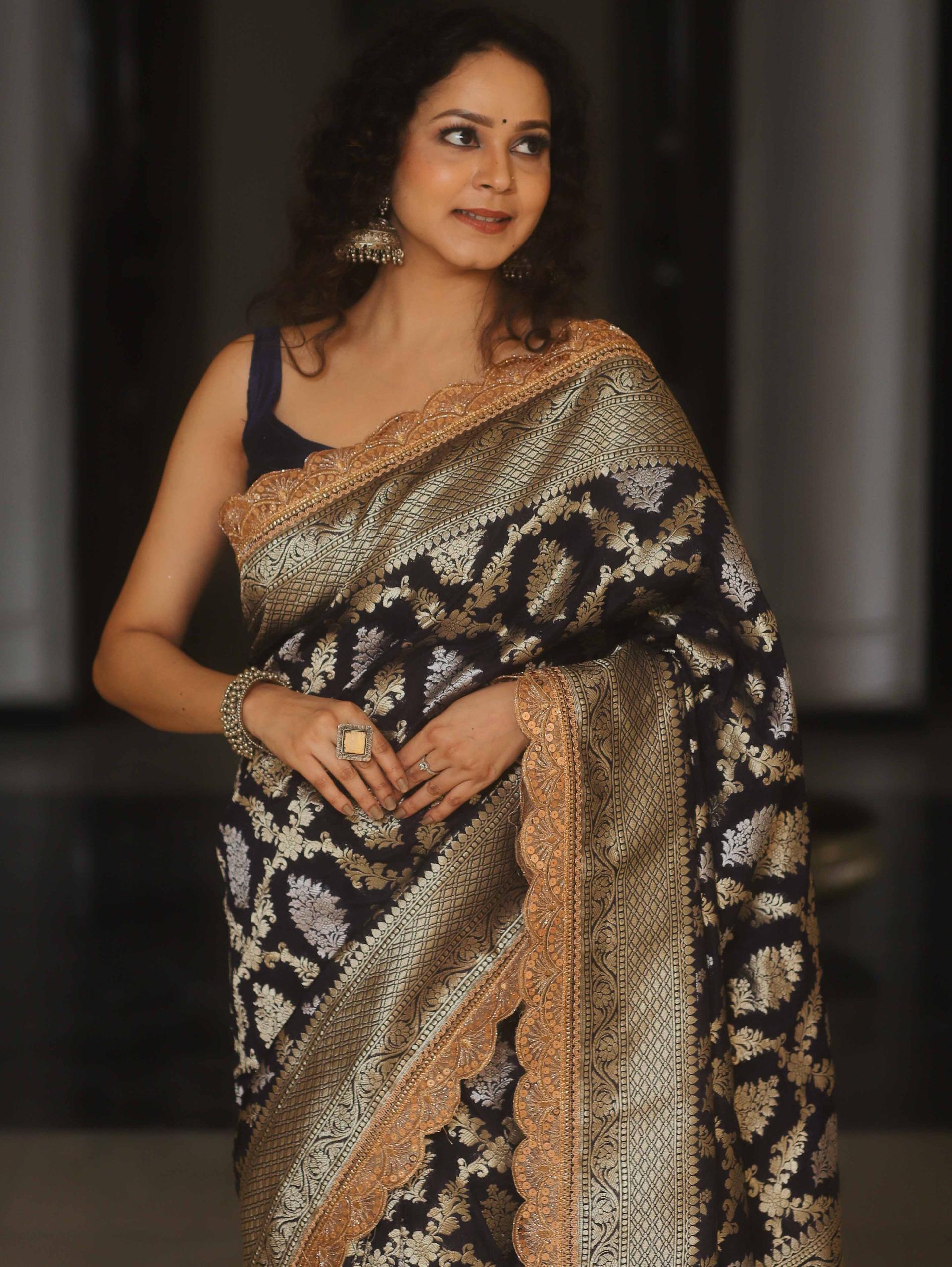 Smoky black banarsi katan silk saree