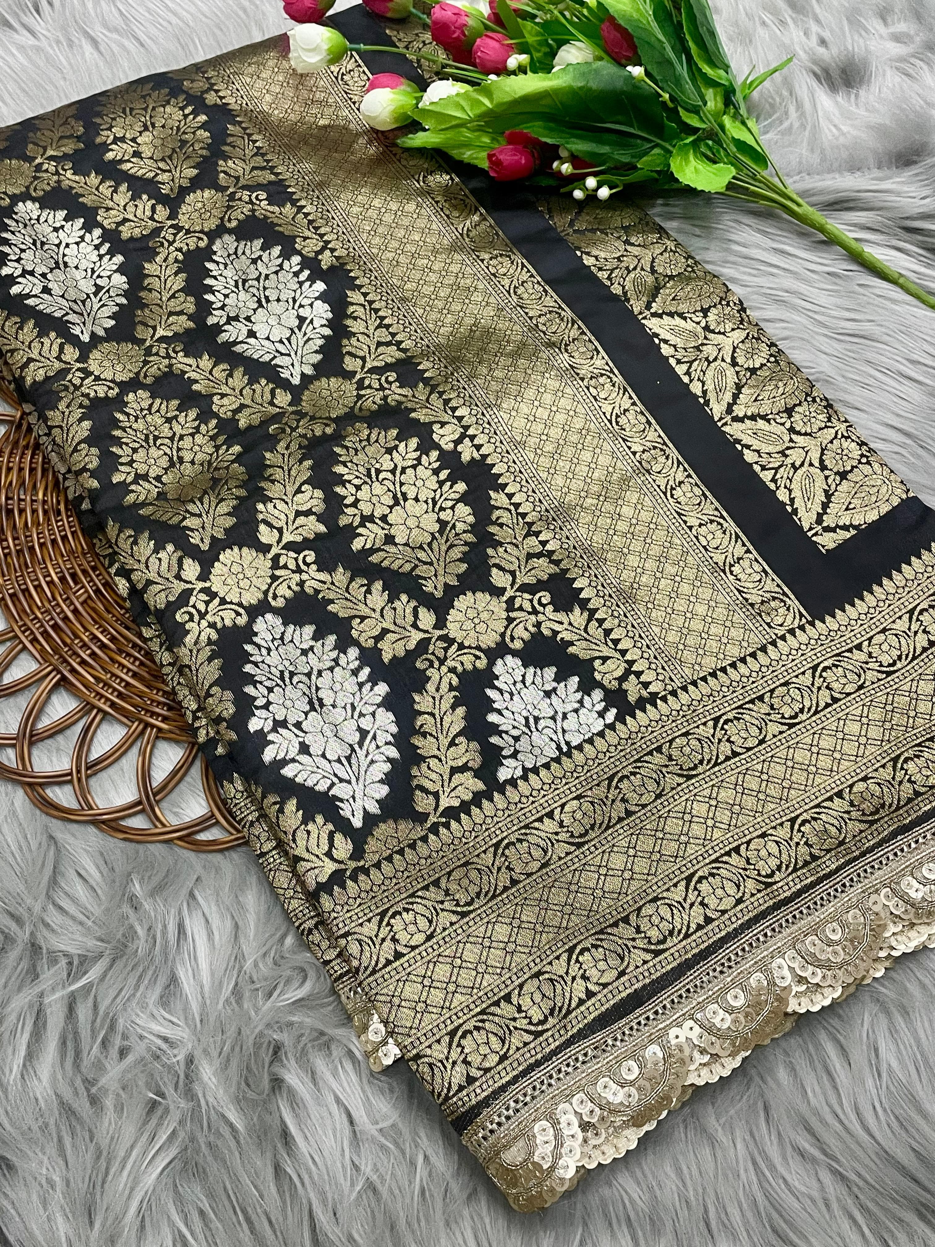 Smoky black banarsi katan silk saree