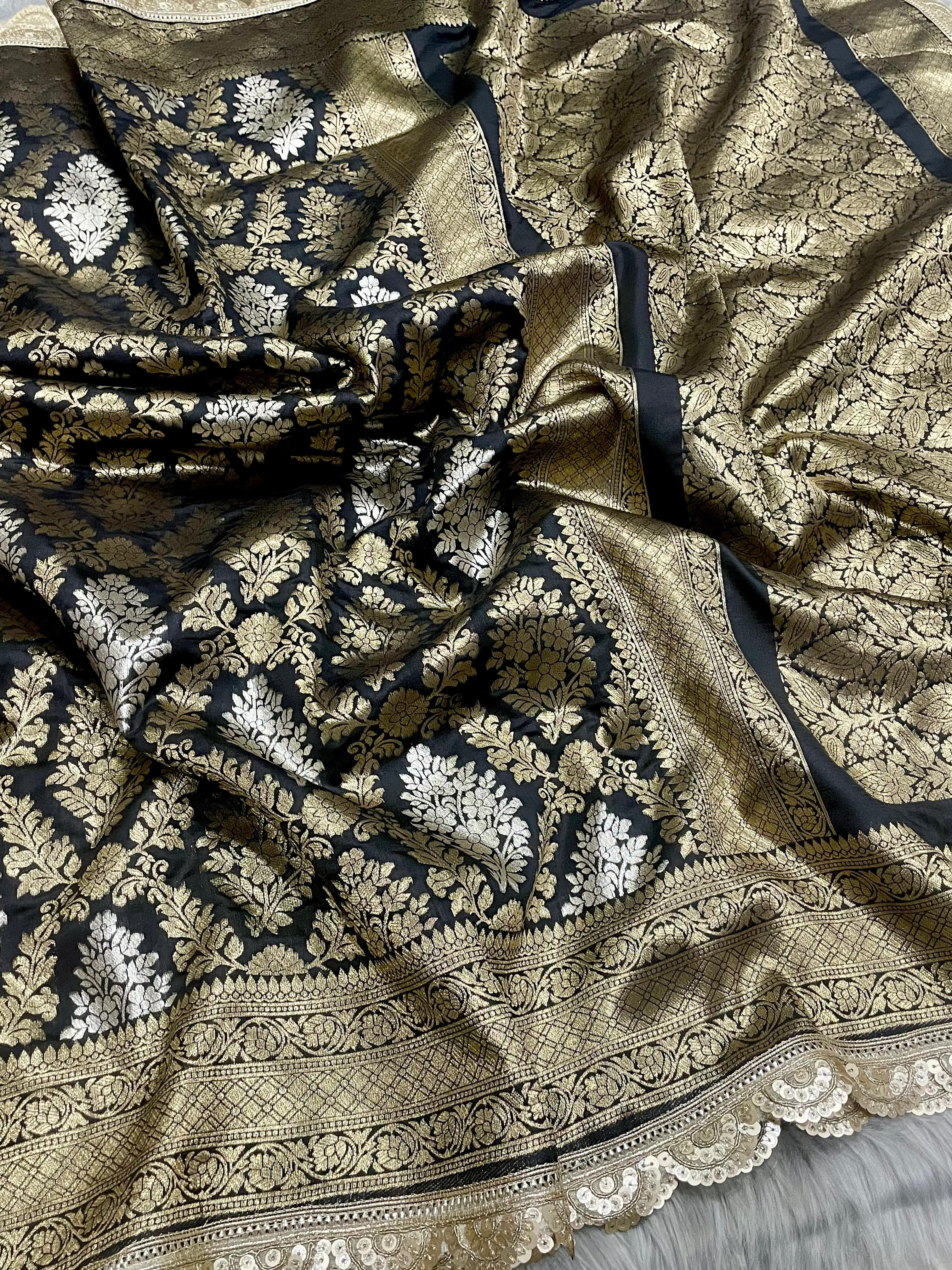 Smoky black banarsi katan silk saree