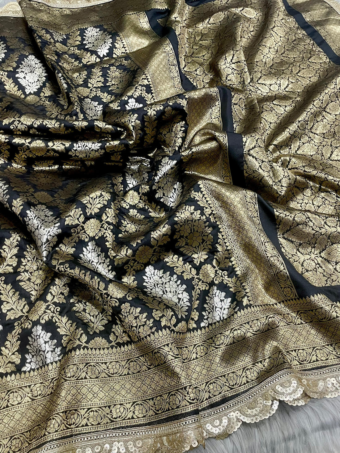 Smoky black banarsi katan silk saree