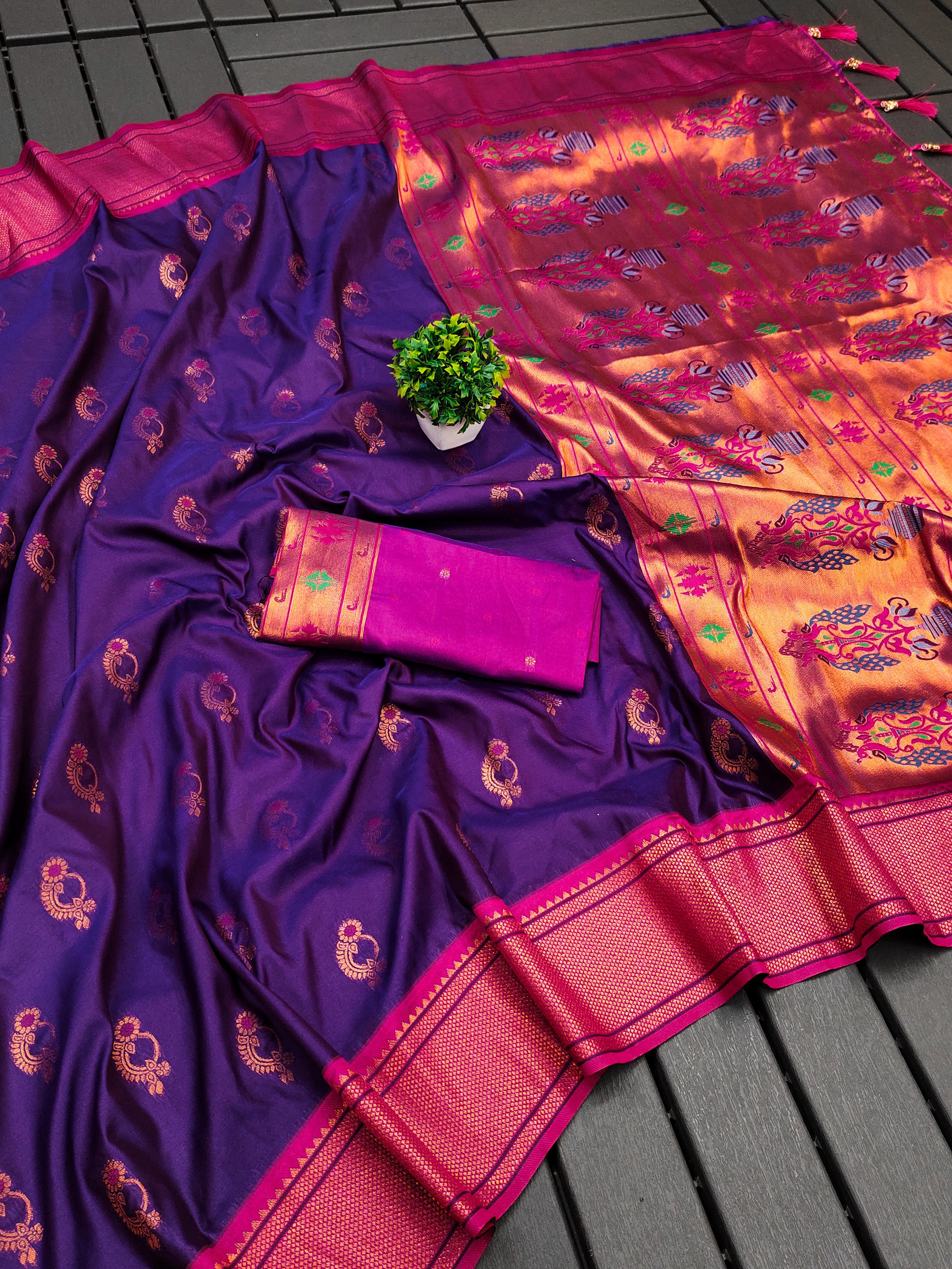 Soft Paithani Silk Saree with Zari Weaving Nath Design