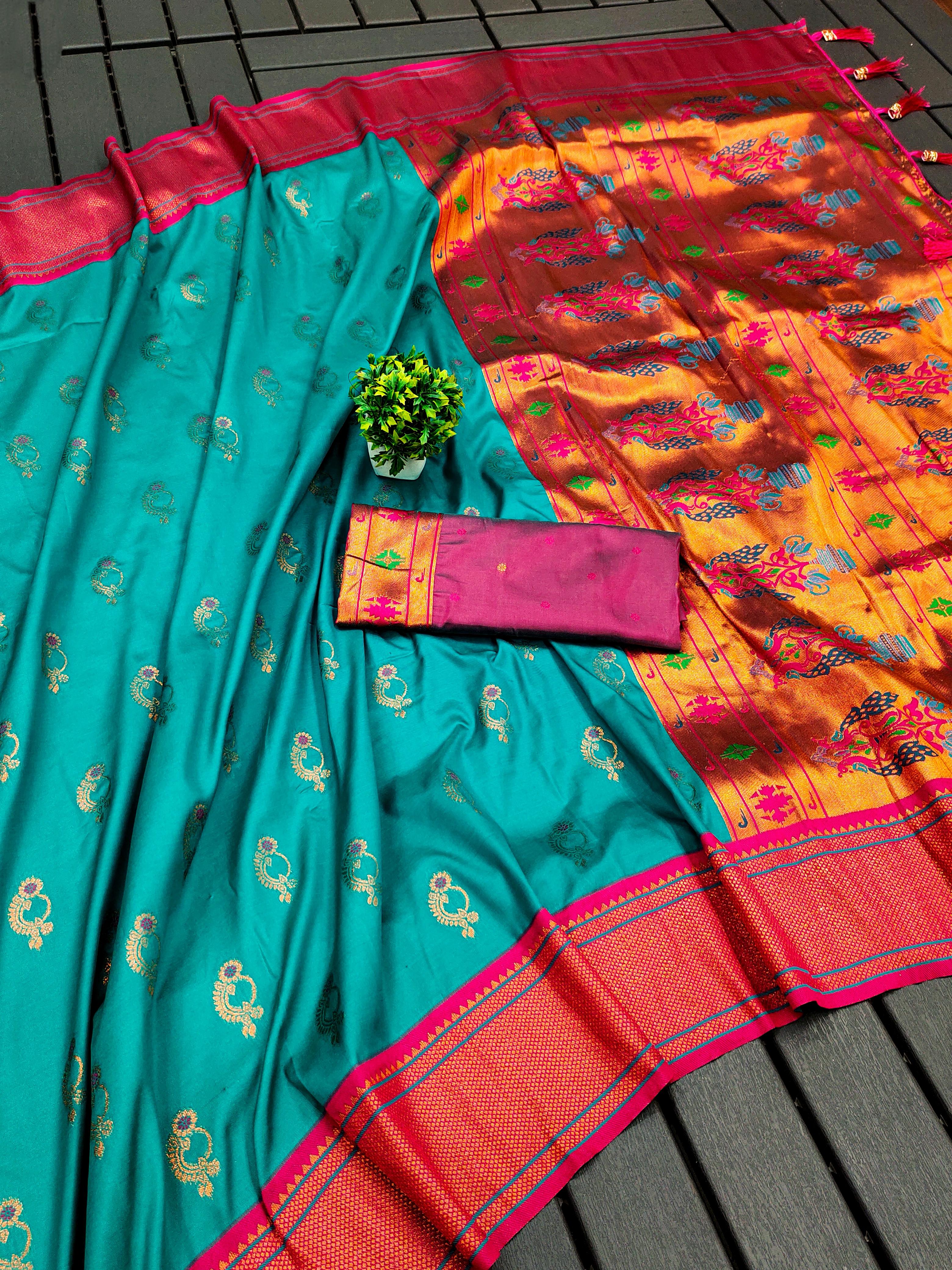 Soft Paithani Silk Saree with Zari Weaving Nath Design