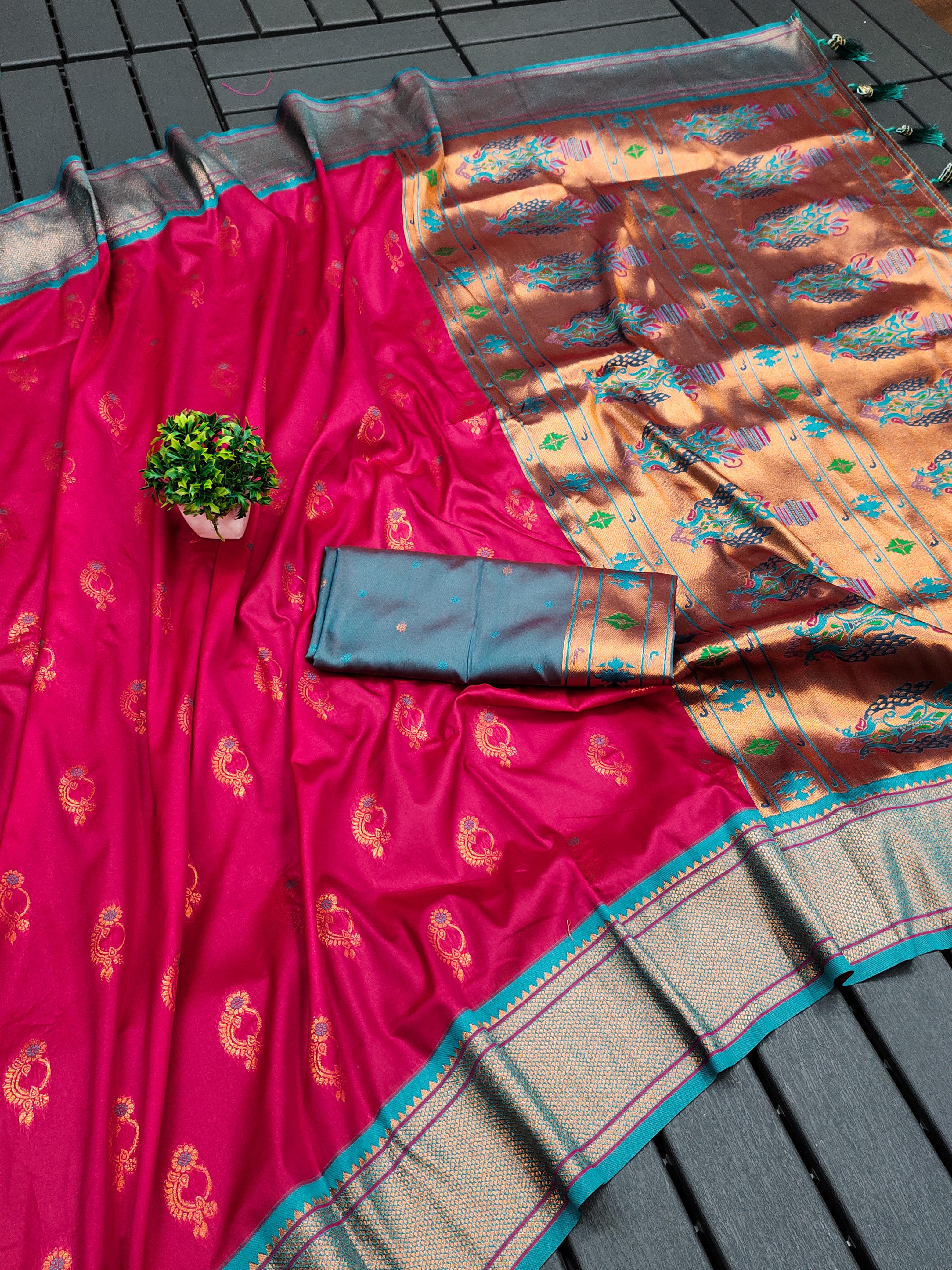 Soft Paithani Silk Saree with Zari Weaving Nath Design