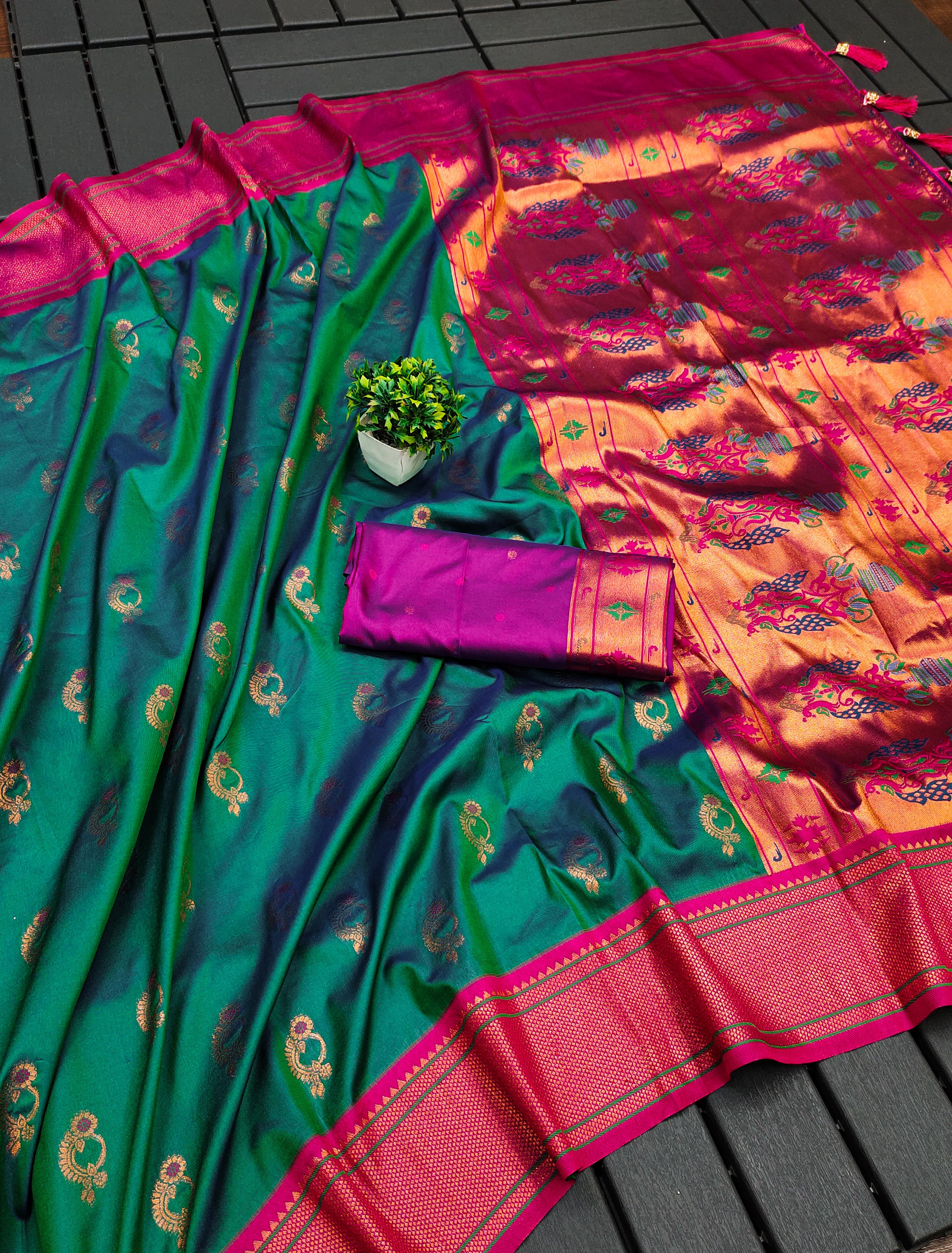 Soft Paithani Silk Saree with Zari Weaving Nath Design