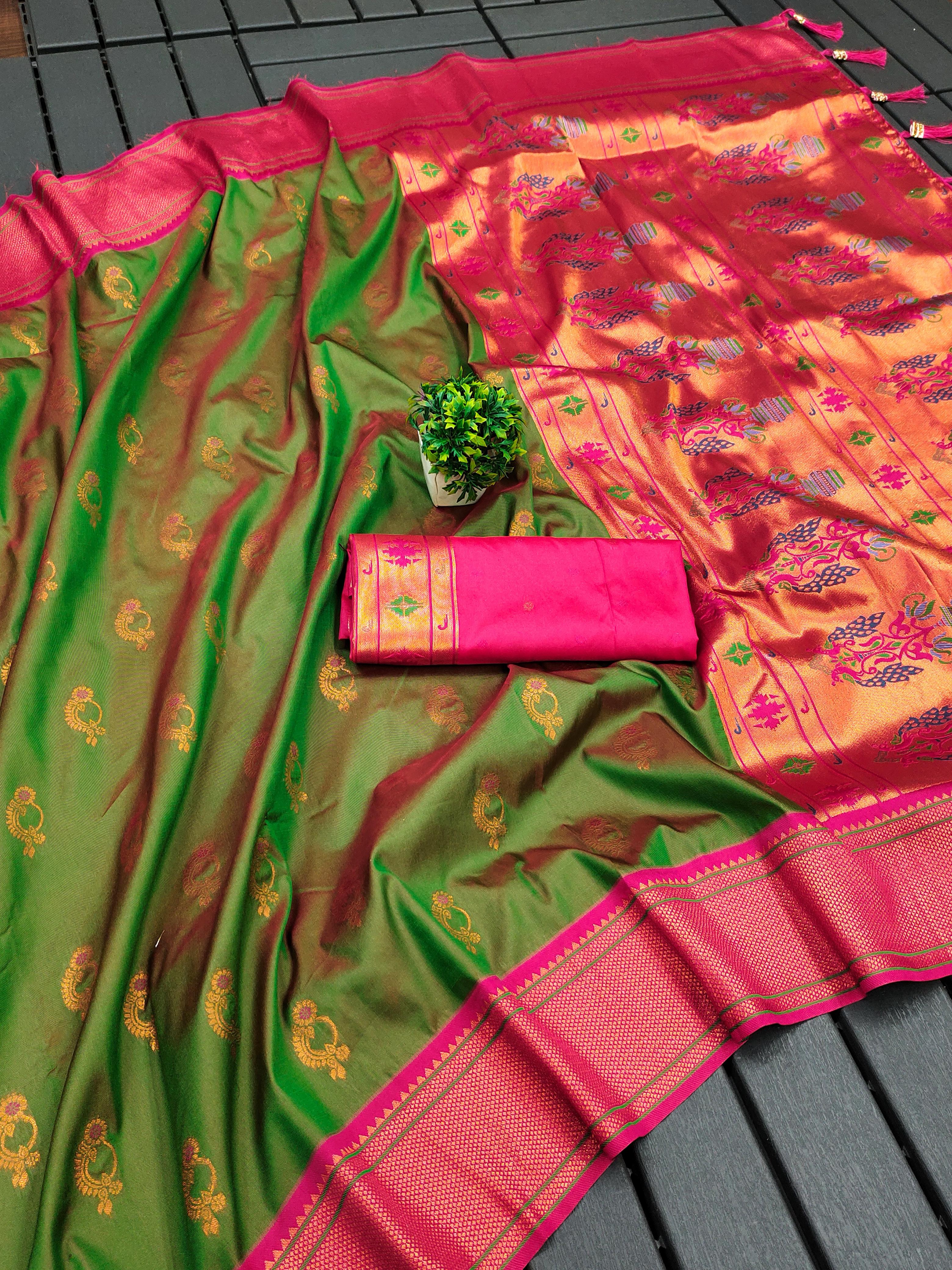 Soft Paithani Silk Saree with Zari Weaving Nath Design