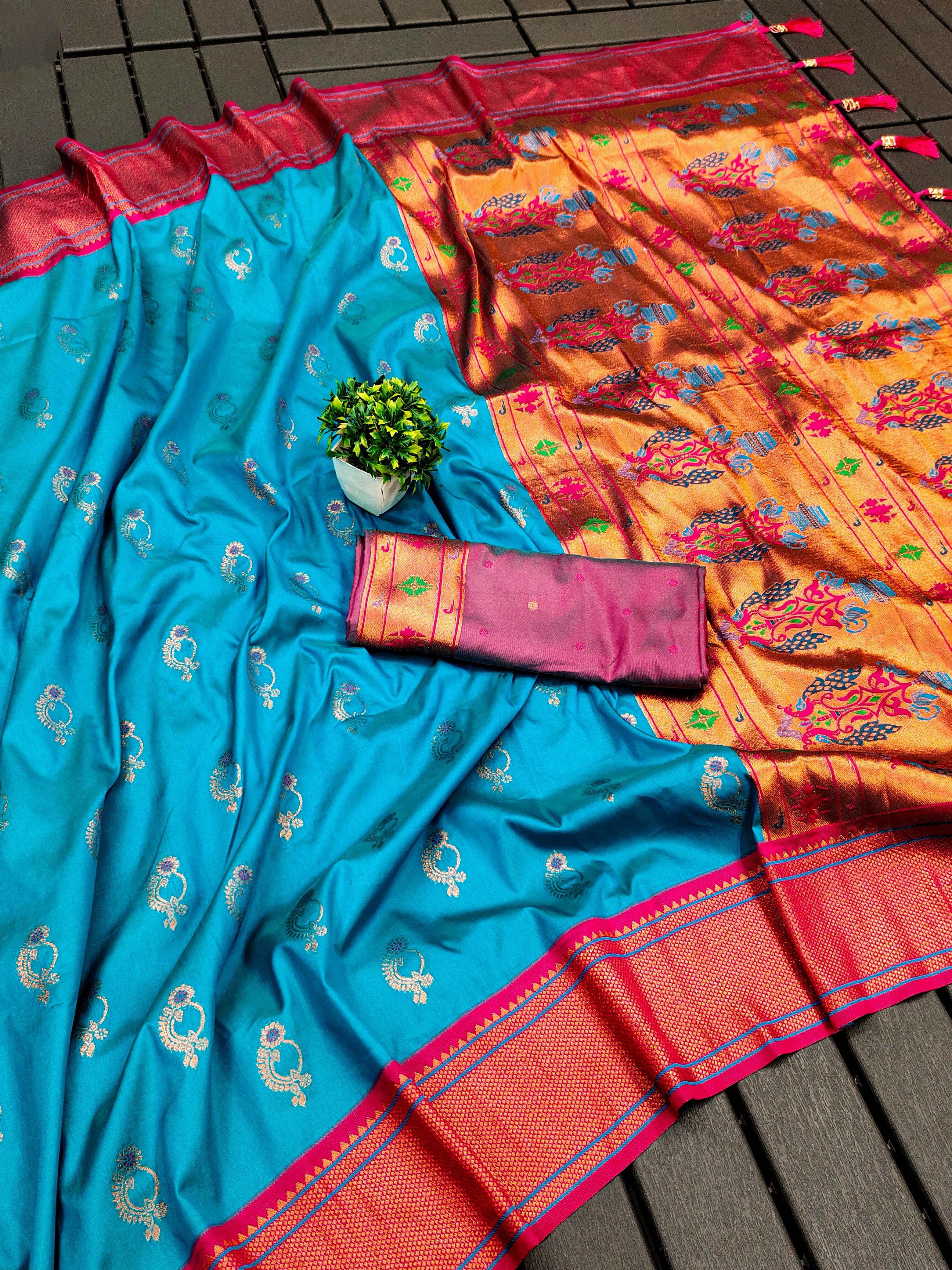 Soft Paithani Silk Saree with Zari Weaving Nath Design