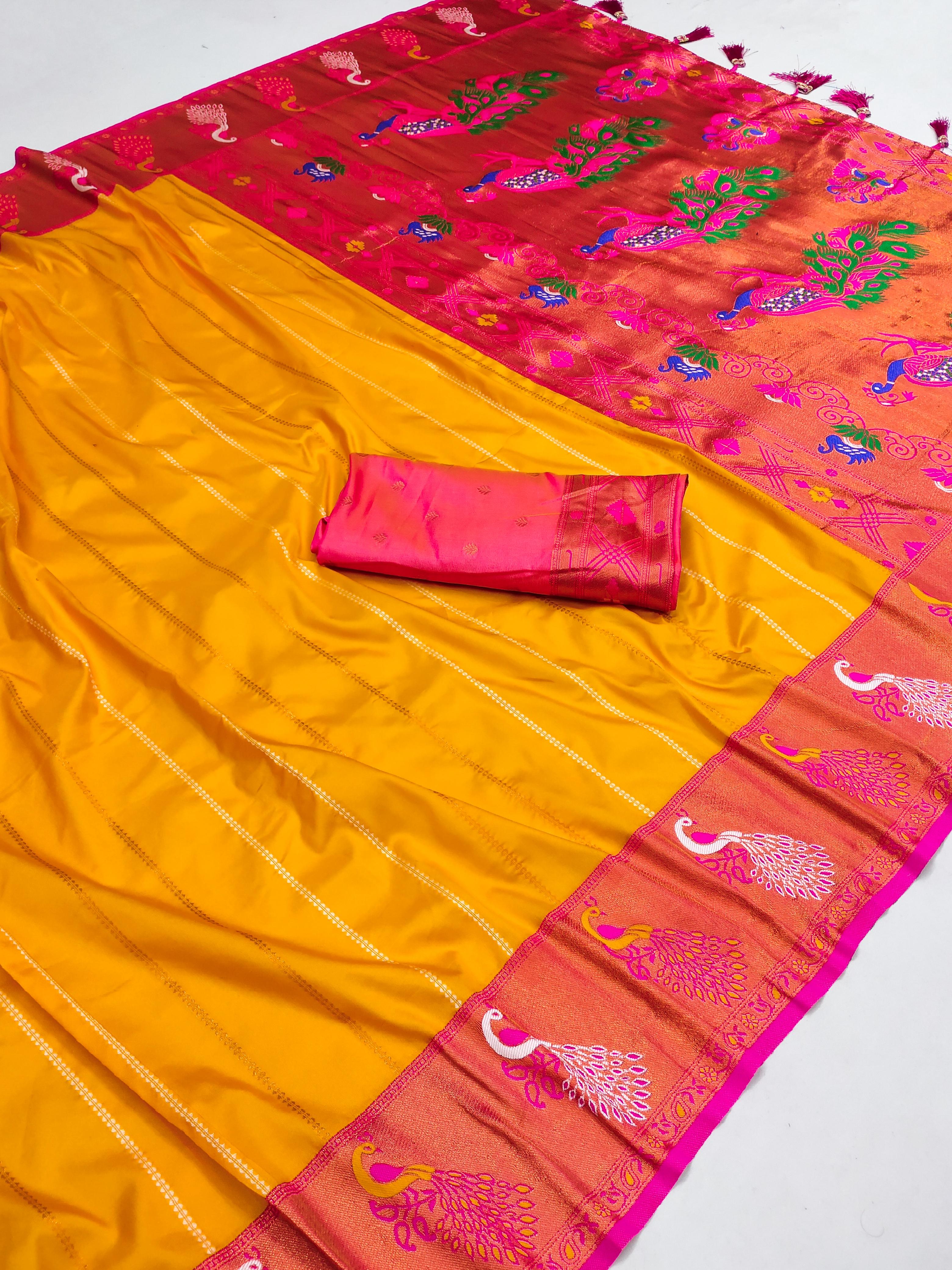 Soft Paithani Silk saree with Zari Meenakari design