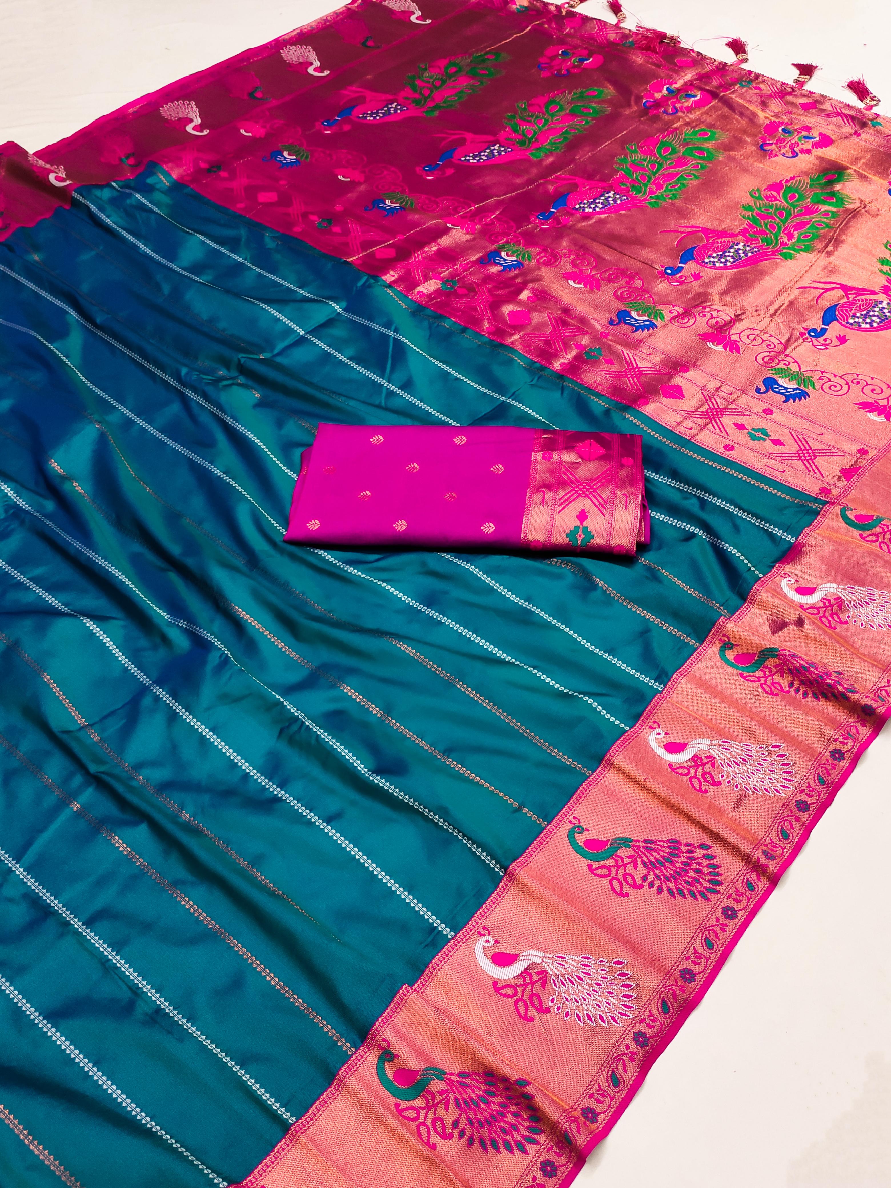 Soft Paithani Silk saree with Zari Meenakari design