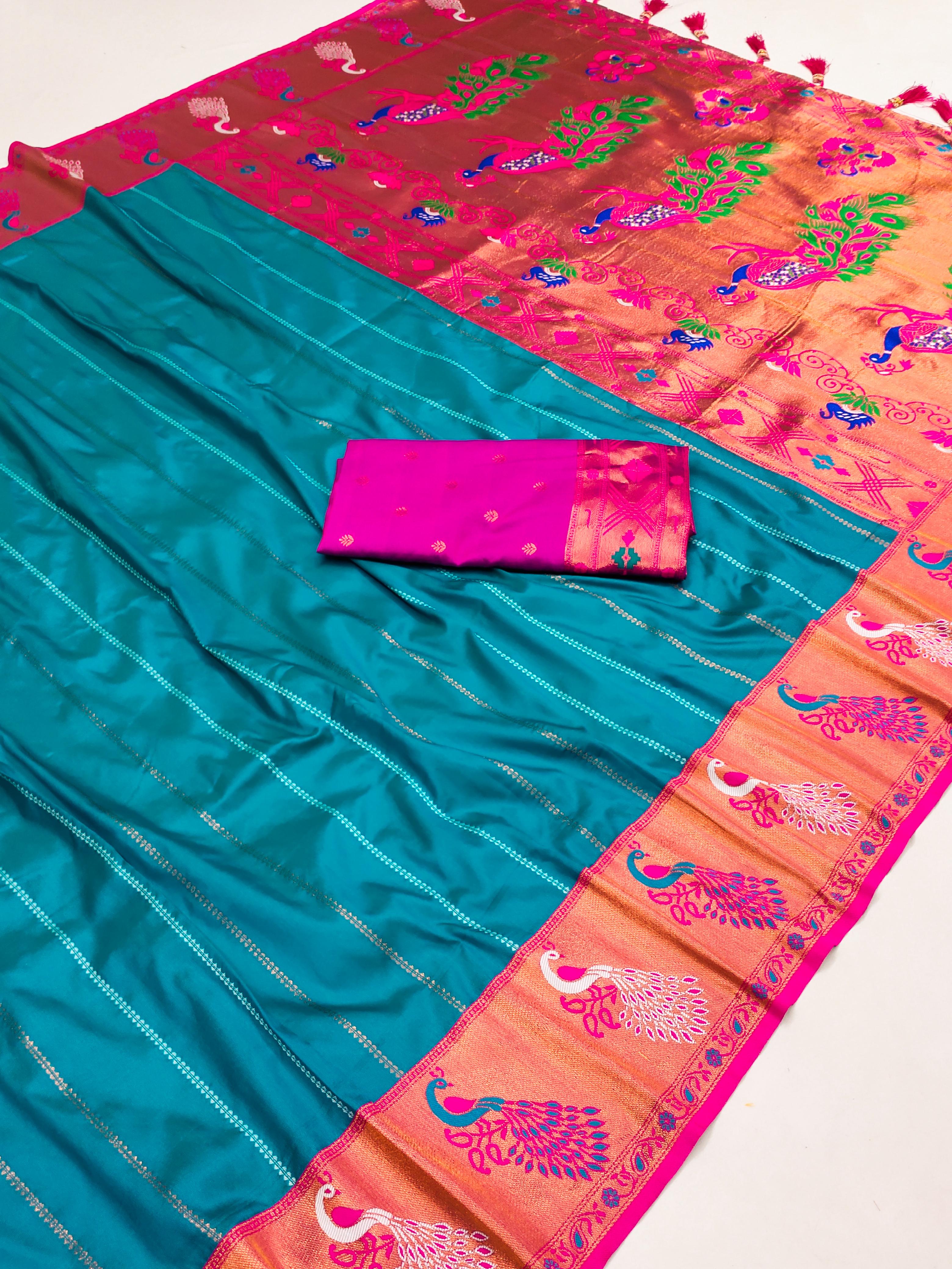 Soft Paithani Silk saree with Zari Meenakari design